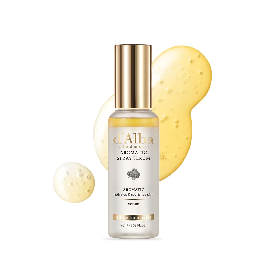 Close-up of the d'alba Piedmont truffle spray serum bottle highlighting deep hydration.