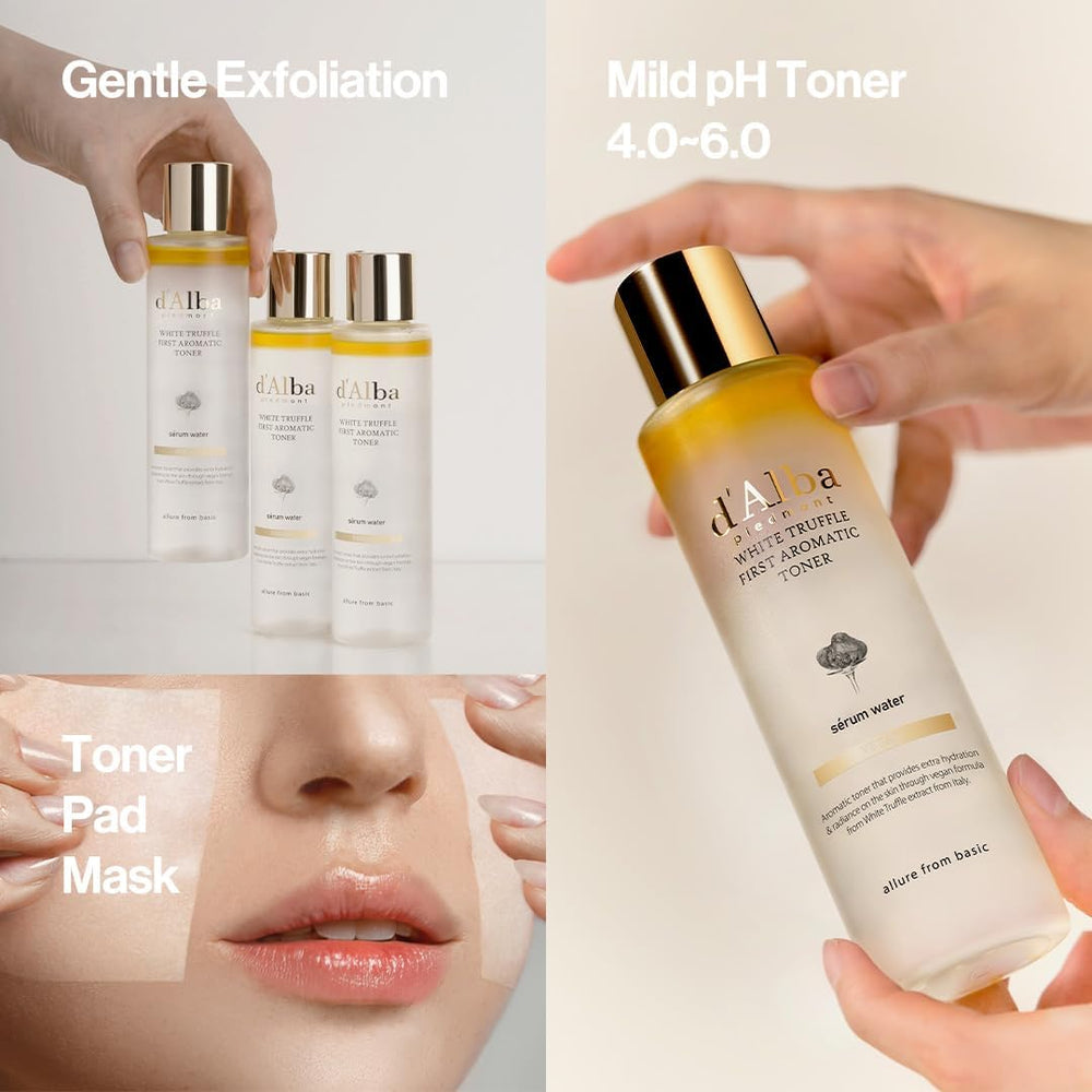 d'alba Piedmont truffle toner rose-water soothing visuals suggest calming hydration.