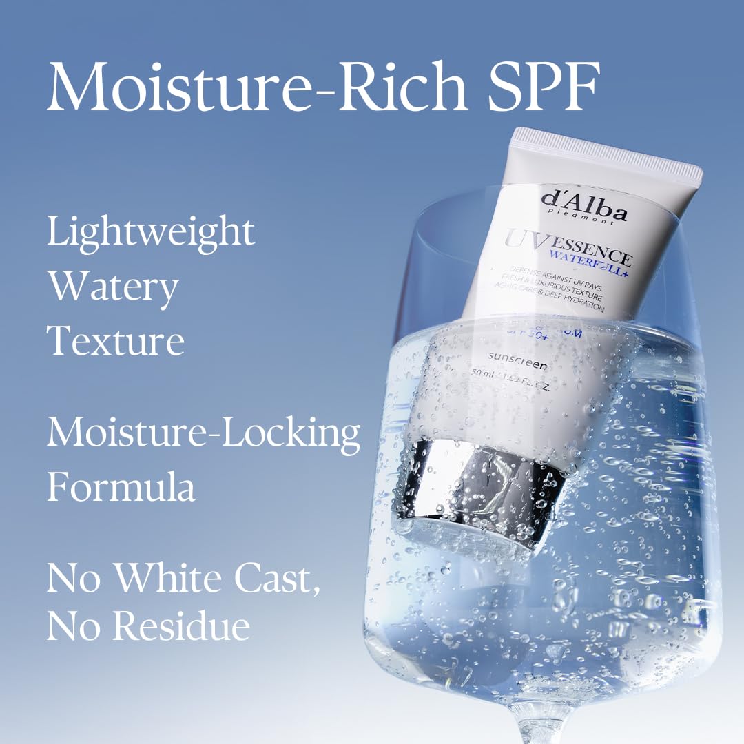 d'alba Piedmont Waterfull Essence Sunscreen application scene reveals a radiant, non-greasy finish.
