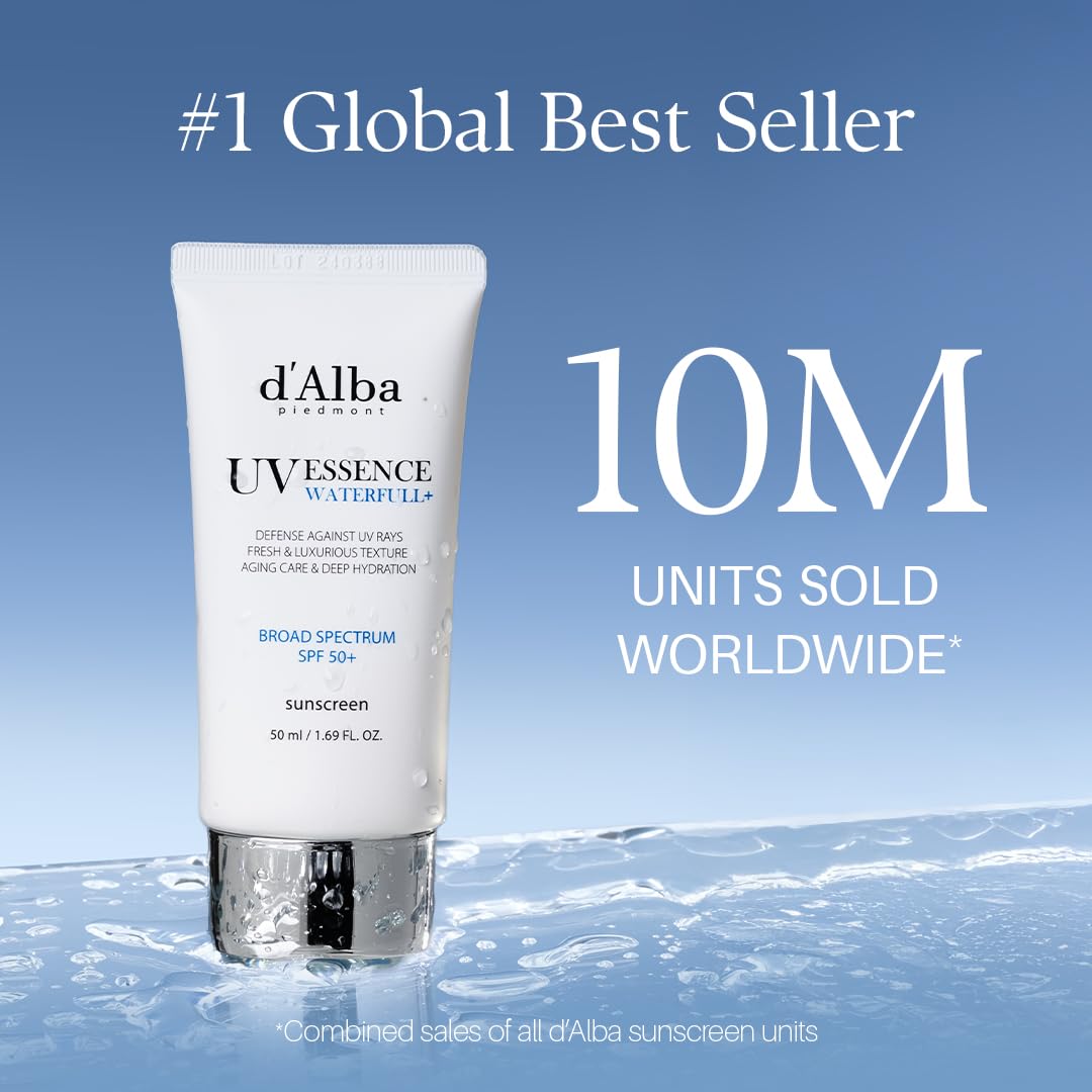d'alba Piedmont Waterfull Essence Sunscreen serum texture close-up highlights hydration and absorption.