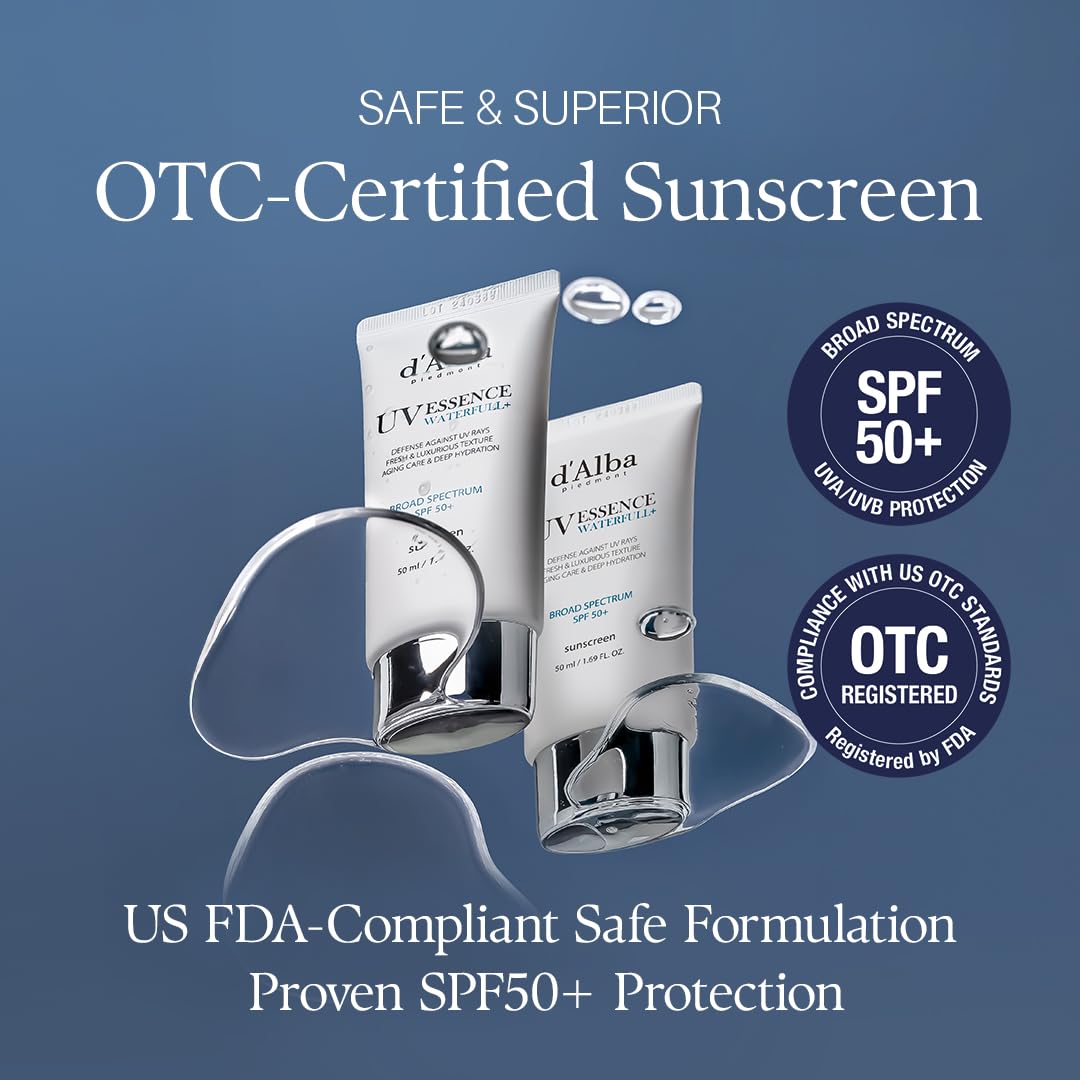 d'alba Piedmont Waterfull Essence Sunscreen SPF50 label indicates broad-spectrum protection.