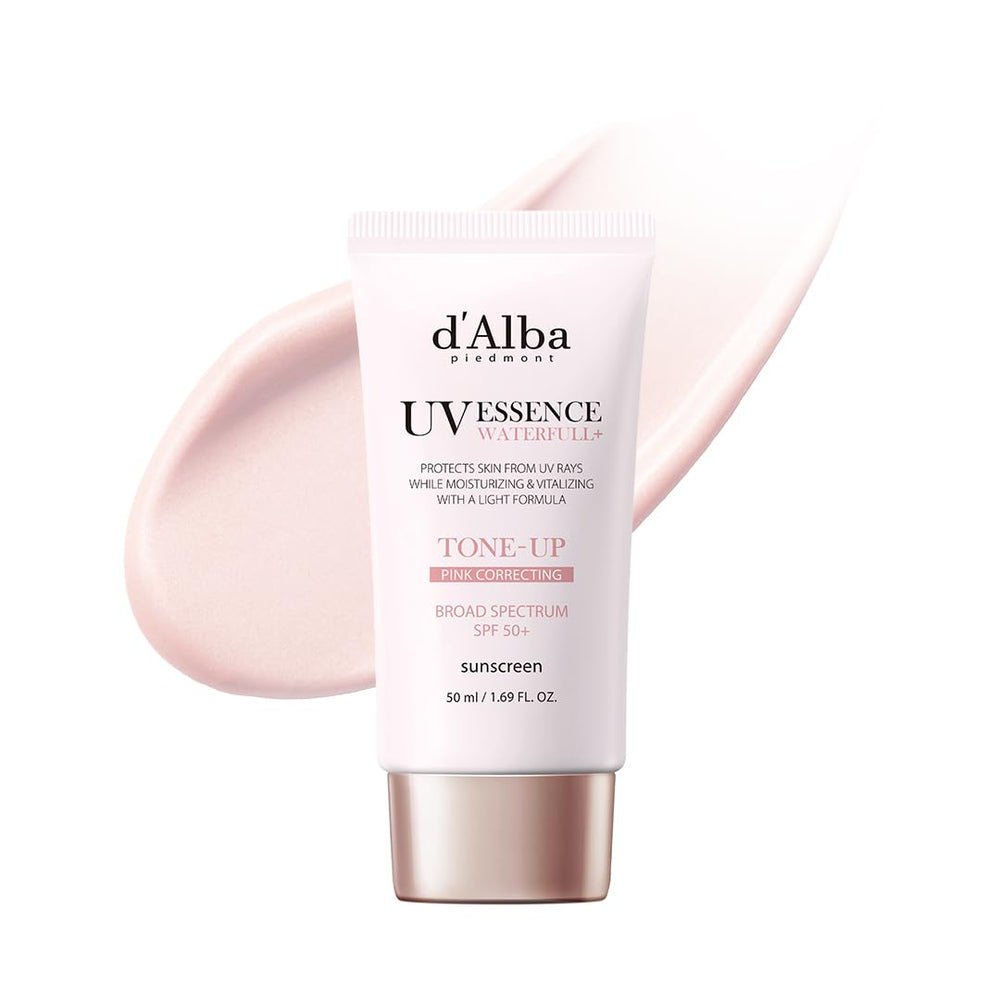 d'alba Piedmont Waterfull Tone-Up Sunscreen Serum bottle closeup highlighting dewy glow and SPF 50+ protection.