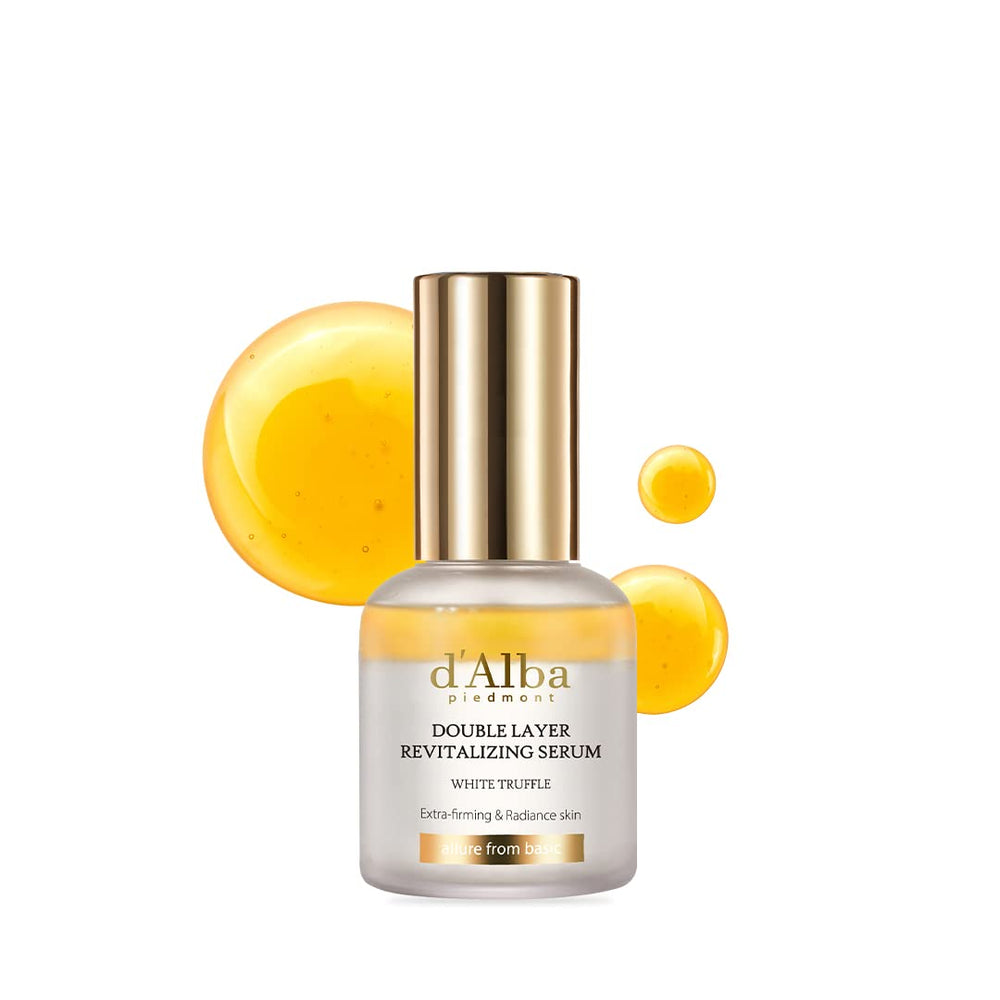 The d'alba Piedmont White Truffle Serum bottle closeup hints at luxurious hydration and smoothing.