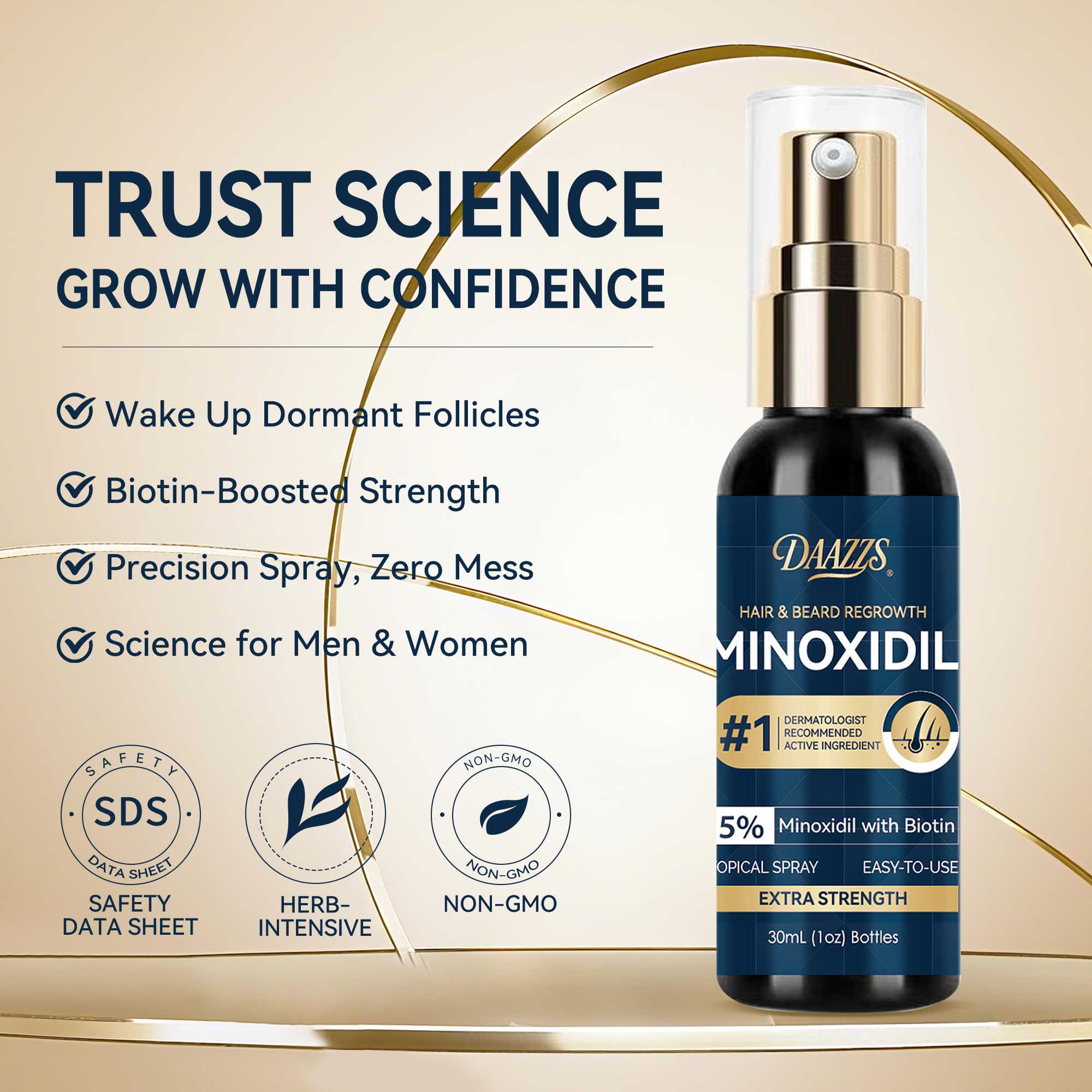 DAAZZS 5% Minoxidil spray can support beard areas for fuller, denser facial hair with consistent use.
