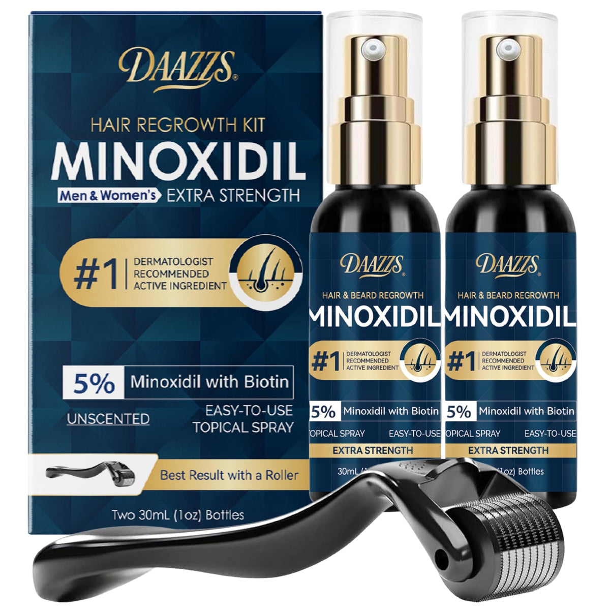 DAAZZS 5% Minoxidil spray for scalp application supports potential regrowth and fuller-looking hair.