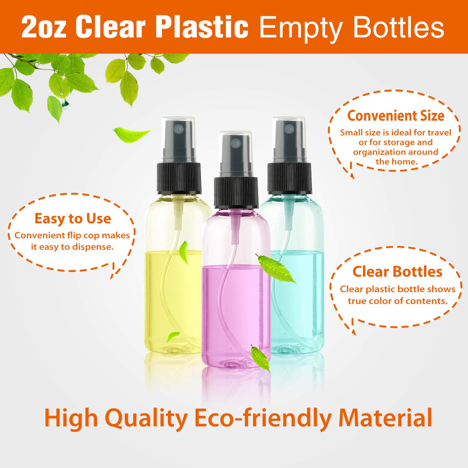 Dabacc leak-proof pump cap on 2oz spray bottle to prevent spills.