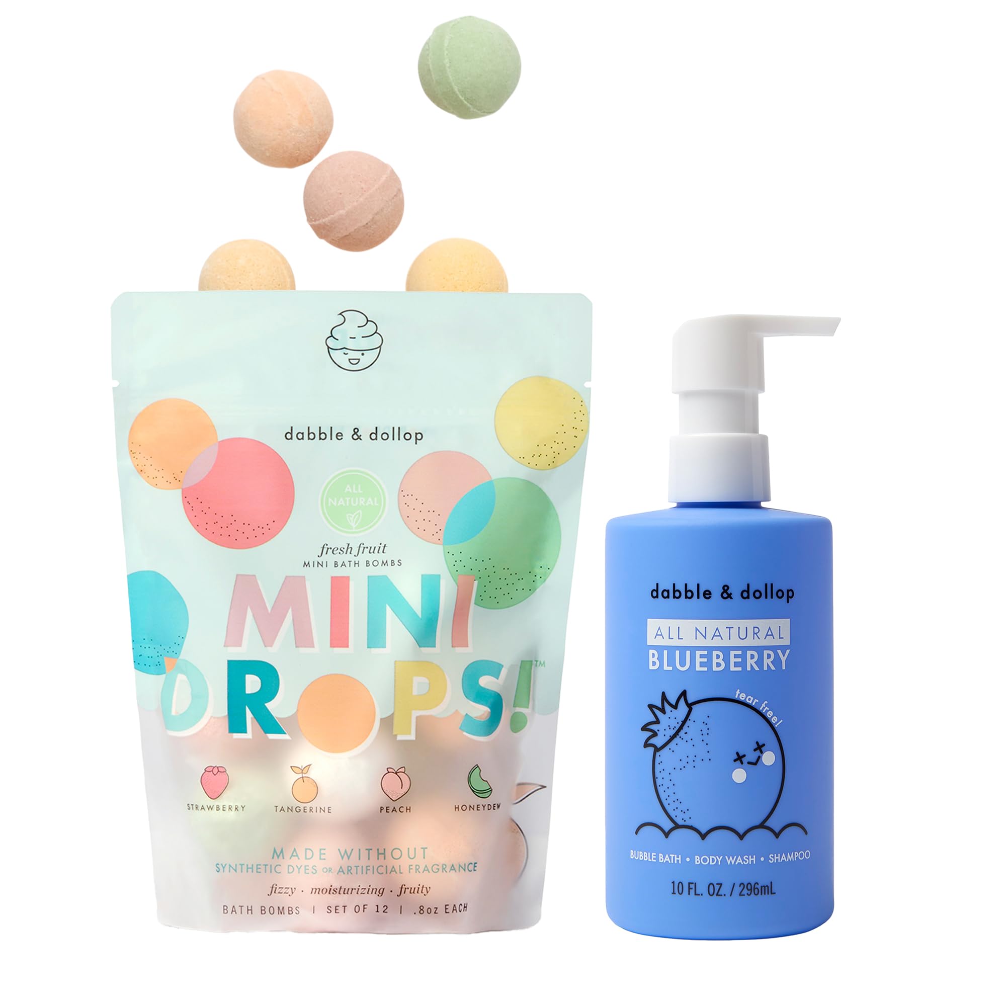 Dabble & Dollop Fresh Fruit Mini Bath Bombs pack delivering fizzy fun and gentle moisture