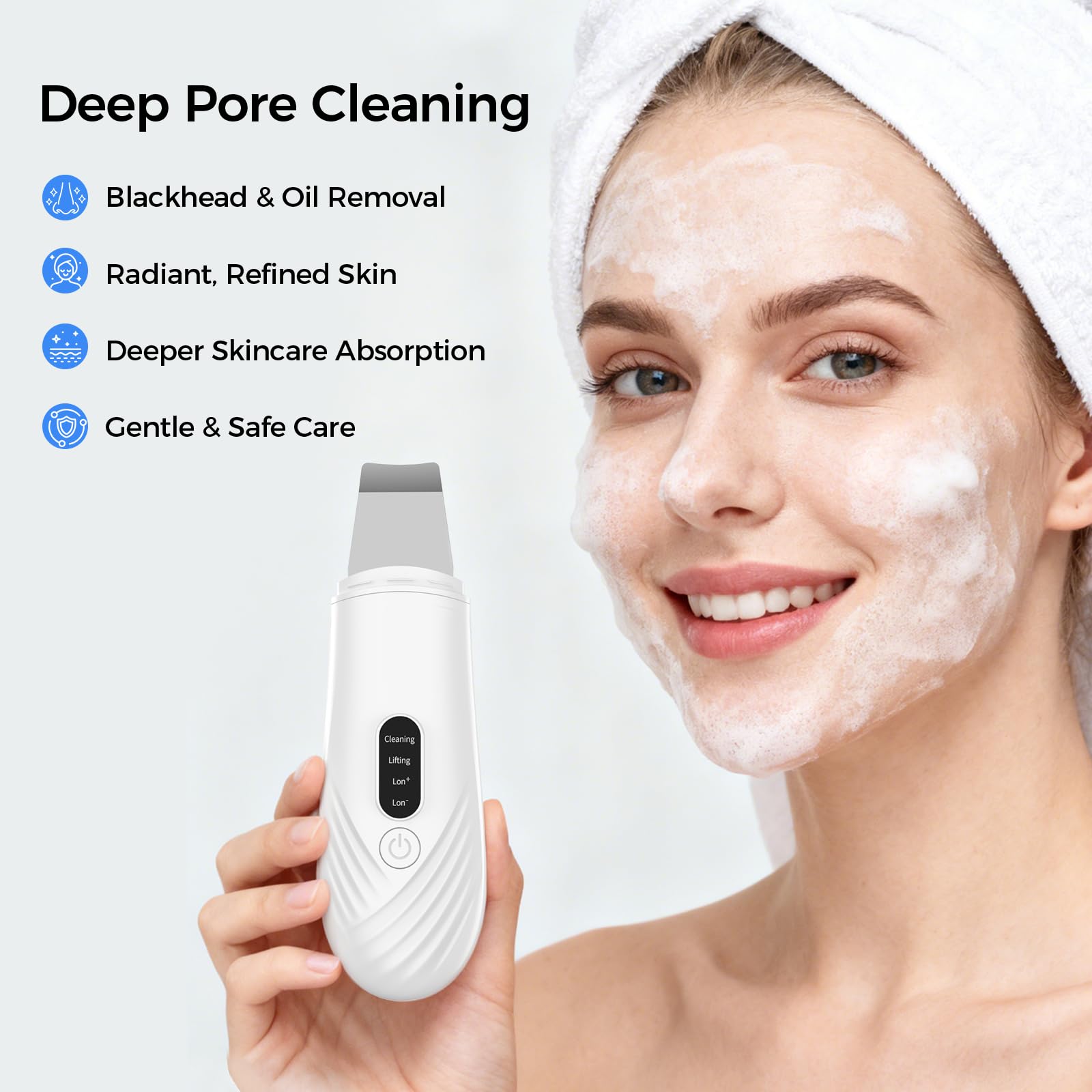 DABZAL Skin Scrubber Ion Plus mode targets impurities for brighter skin