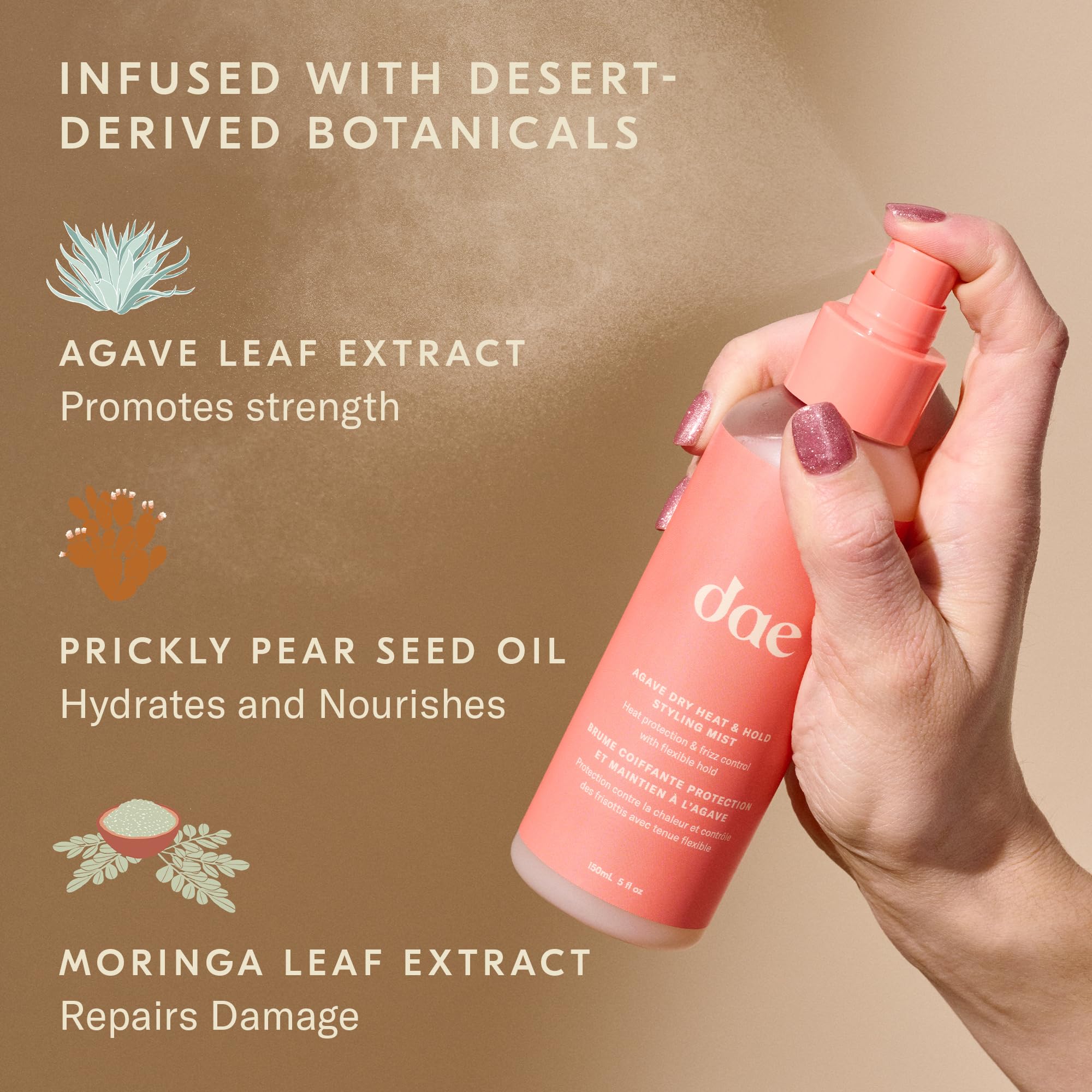 DAE Agave Dry Heat Protection Spray mist demonstrates quick-drying application and even distribution