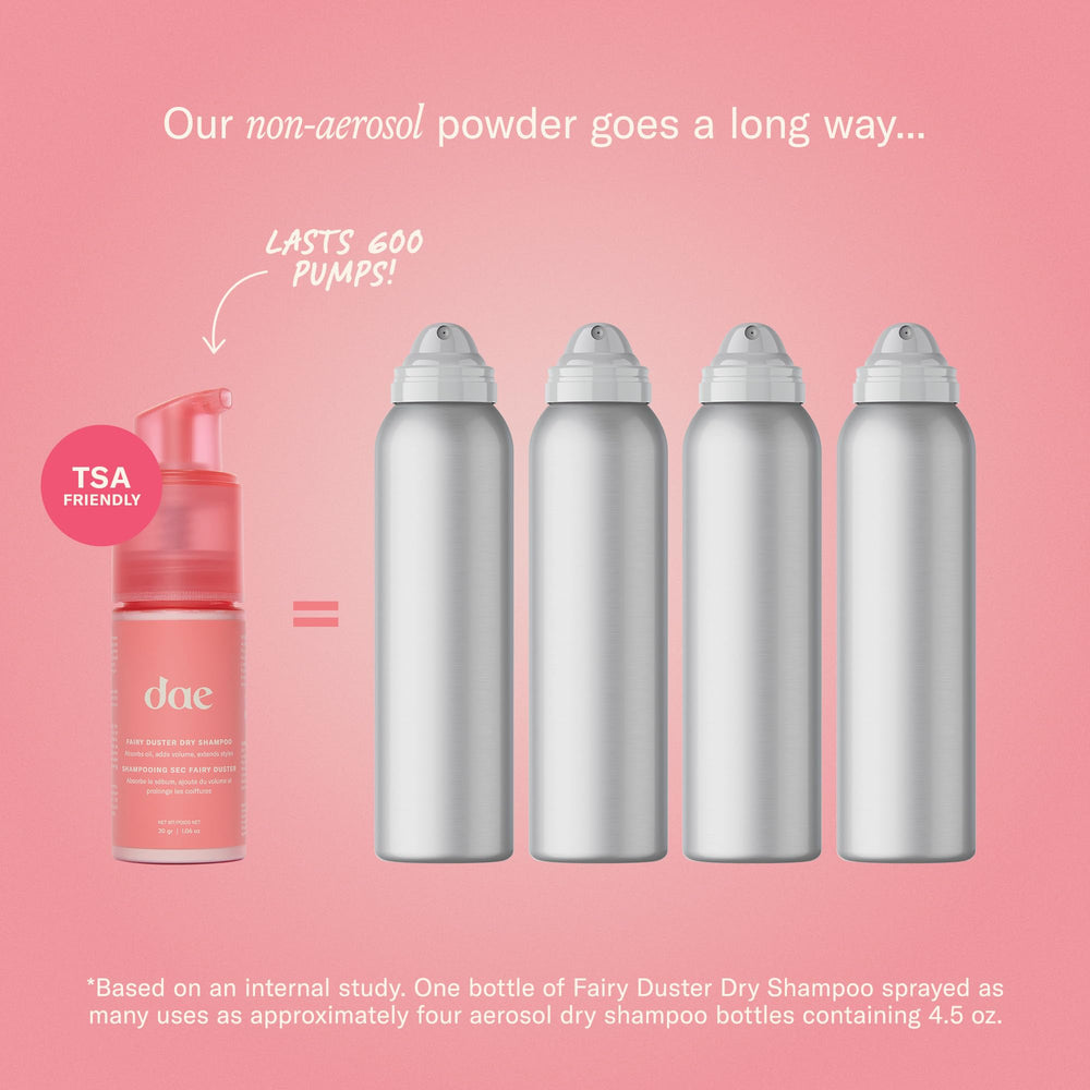 DAE Fairy Duster Dry Shampoo Powder dispensing shot shows easy application.