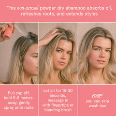 DAE Fairy Duster Dry Shampoo Powder on hair roots demonstrates oil absorption at roots.