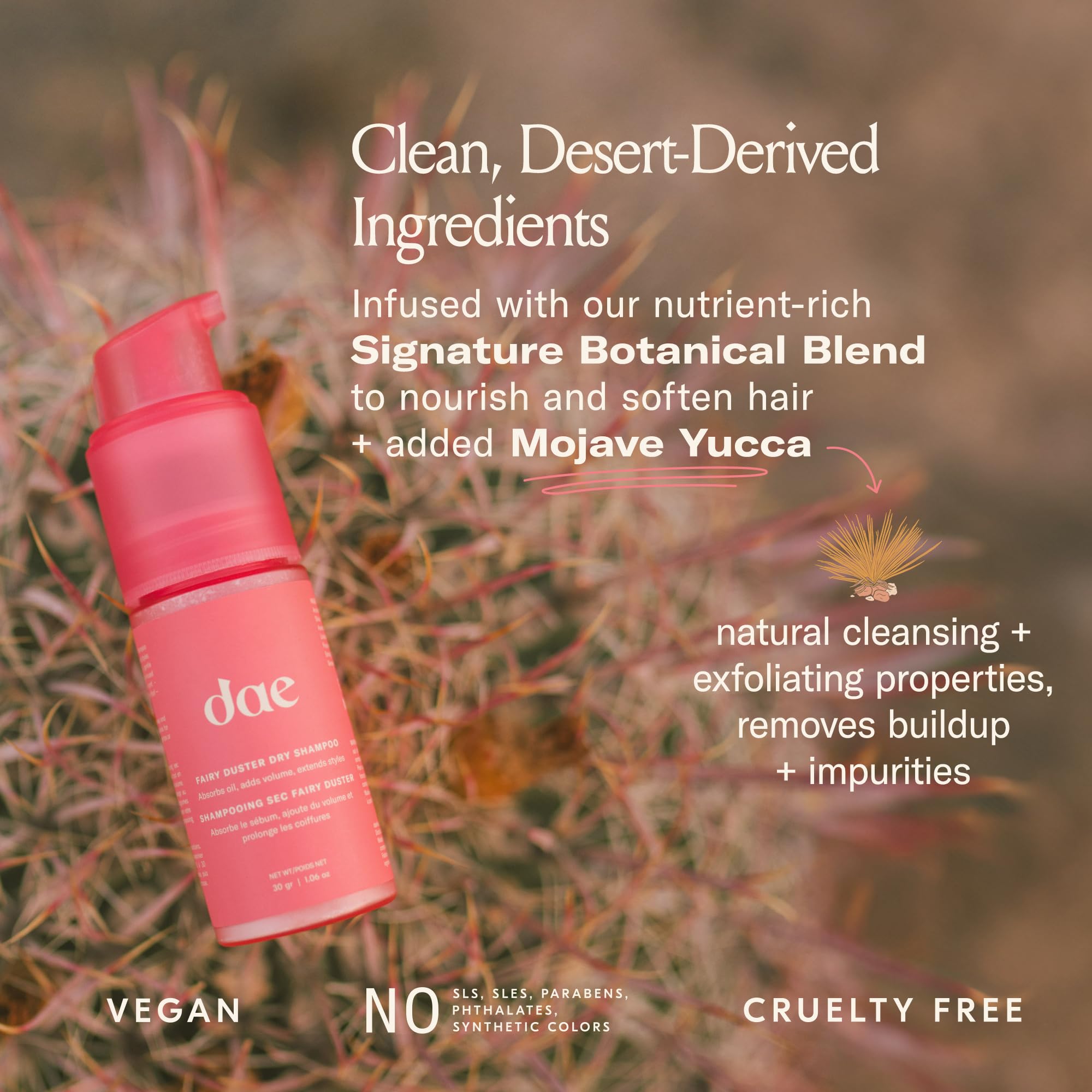 DAE Fairy Duster Dry Shampoo Powder scented with Signature Citrus aroma evident in bottle.