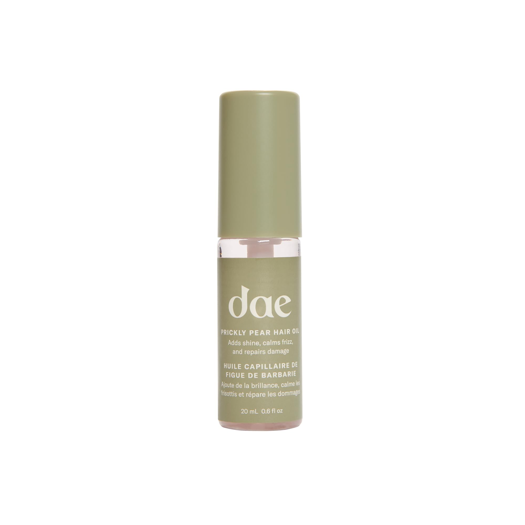 DAE Prickly Pear Hair Oil bottle showcases frizz control and shine.