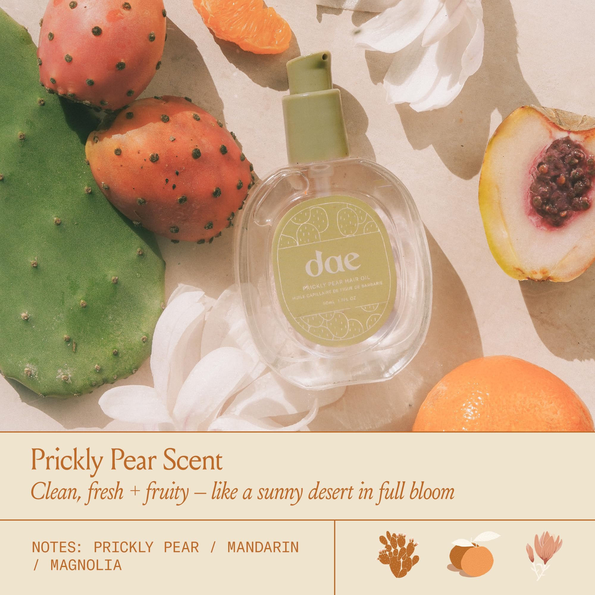 DAE Prickly Pear Hair Oil front label highlights shine-boosting, frizz-calming benefits in a vegan formula.