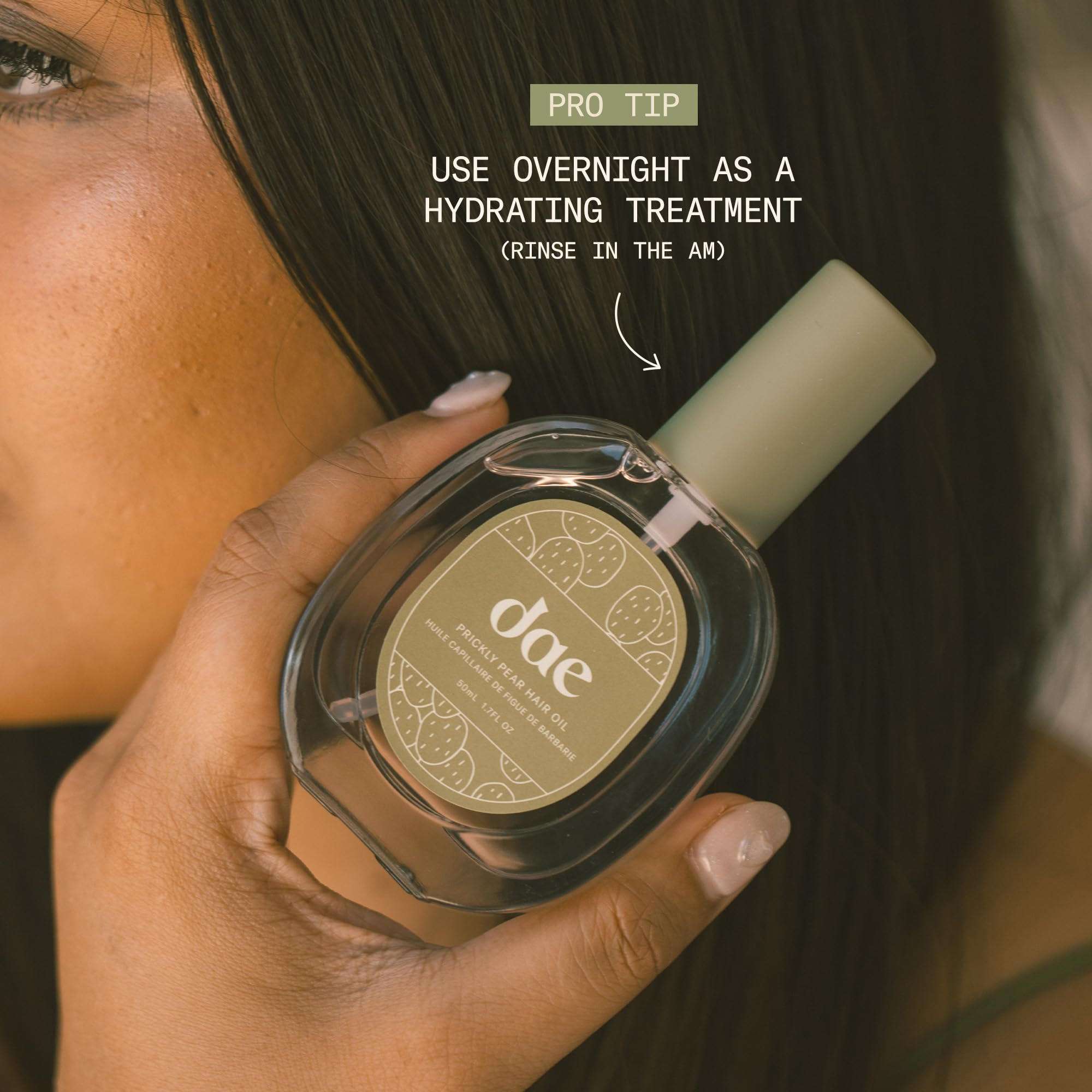 DAE Prickly Pear Hair Oil packaging emphasizes vegan, cruelty-free, recyclable materials.