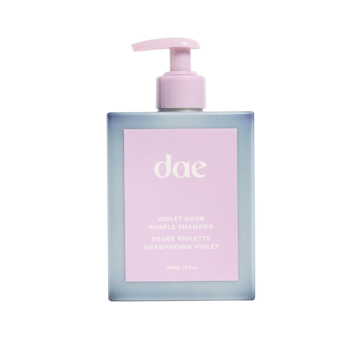 DAE Violet Hour Purple Shampoo bottle shows color-correcting action for brassiness in blonde and gray hair.