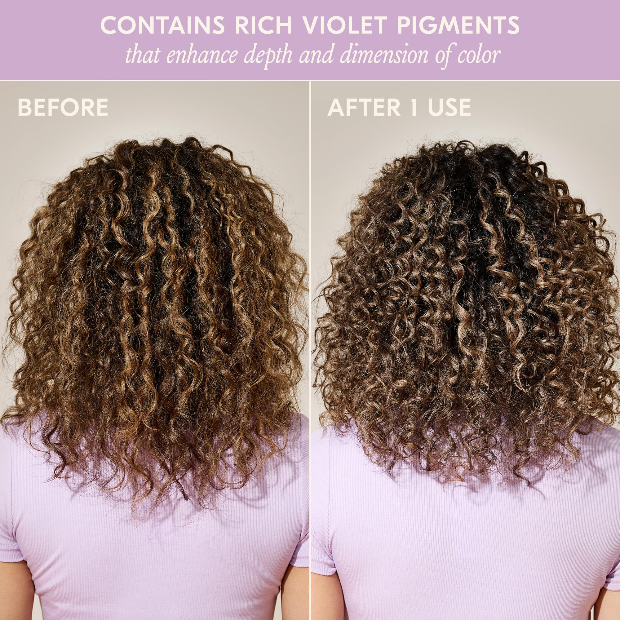 DAE Violet Hour Purple Shampoo color-brassiness close-up reveals deeper color and dimension.