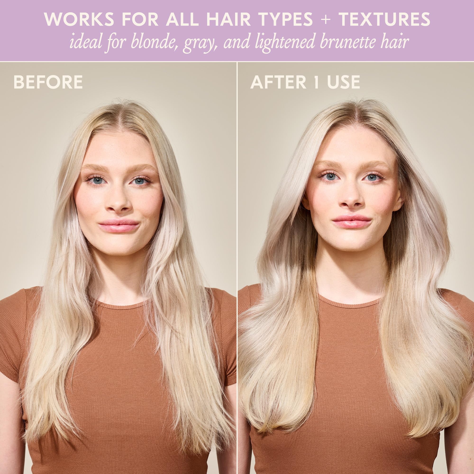 DAE Violet Hour Purple Shampoo hair-tone improvement across blonde and lightened areas.