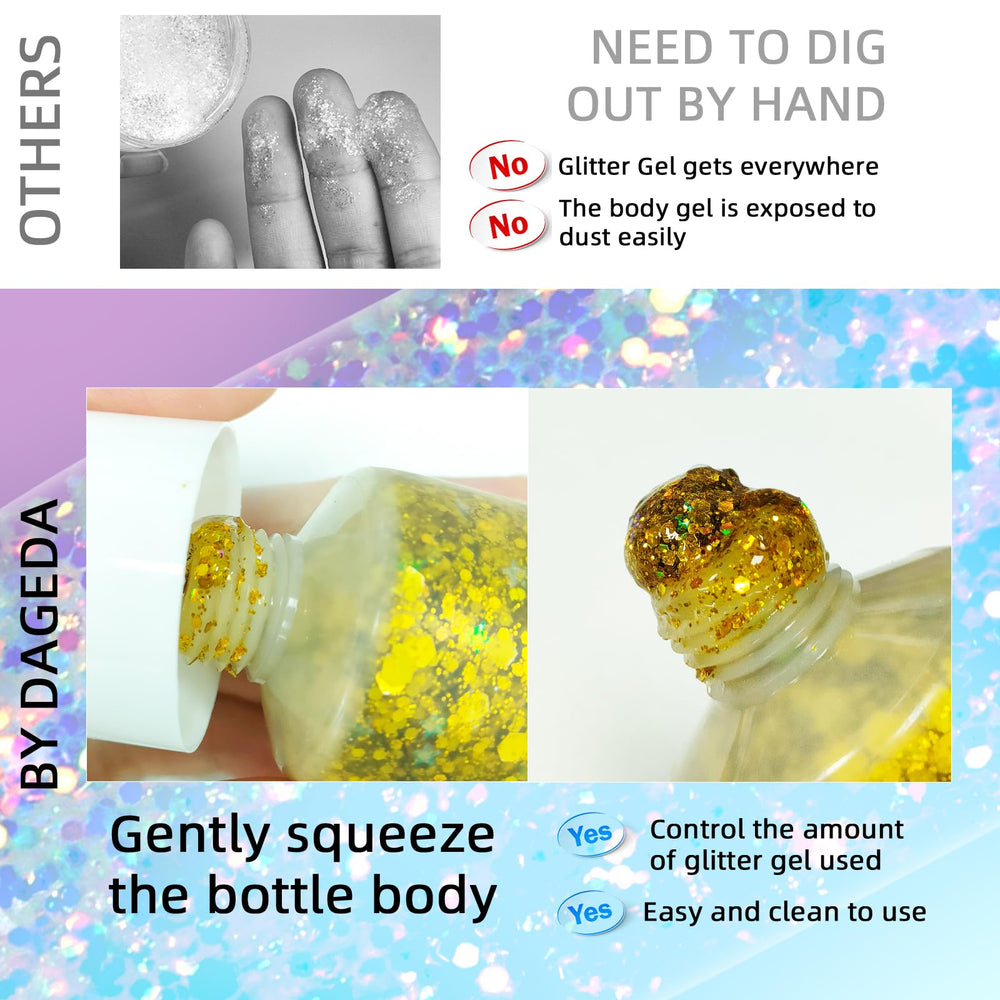 DAGEDA glitter gel on lips, eyes, nails for radiant party-ready looks