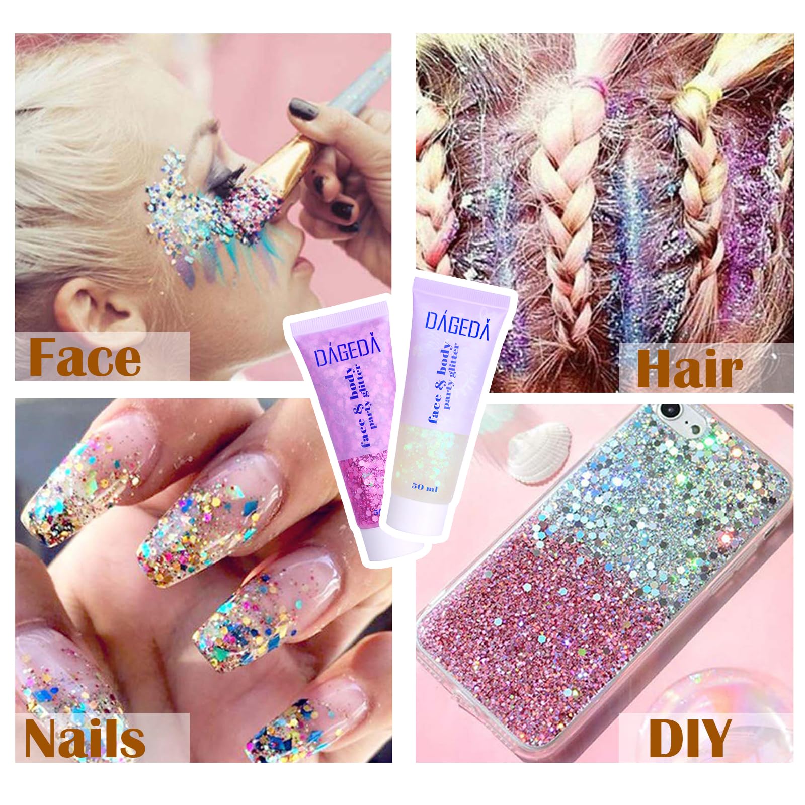 DAGEDA glitter gel pink lid open showing easy-application shimmer