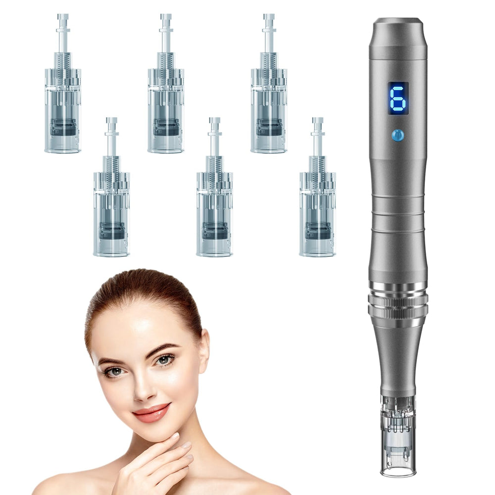 DAHOZE DermaStamp pen close-up shows 0.25mm needles for precise at-home micro-needling.