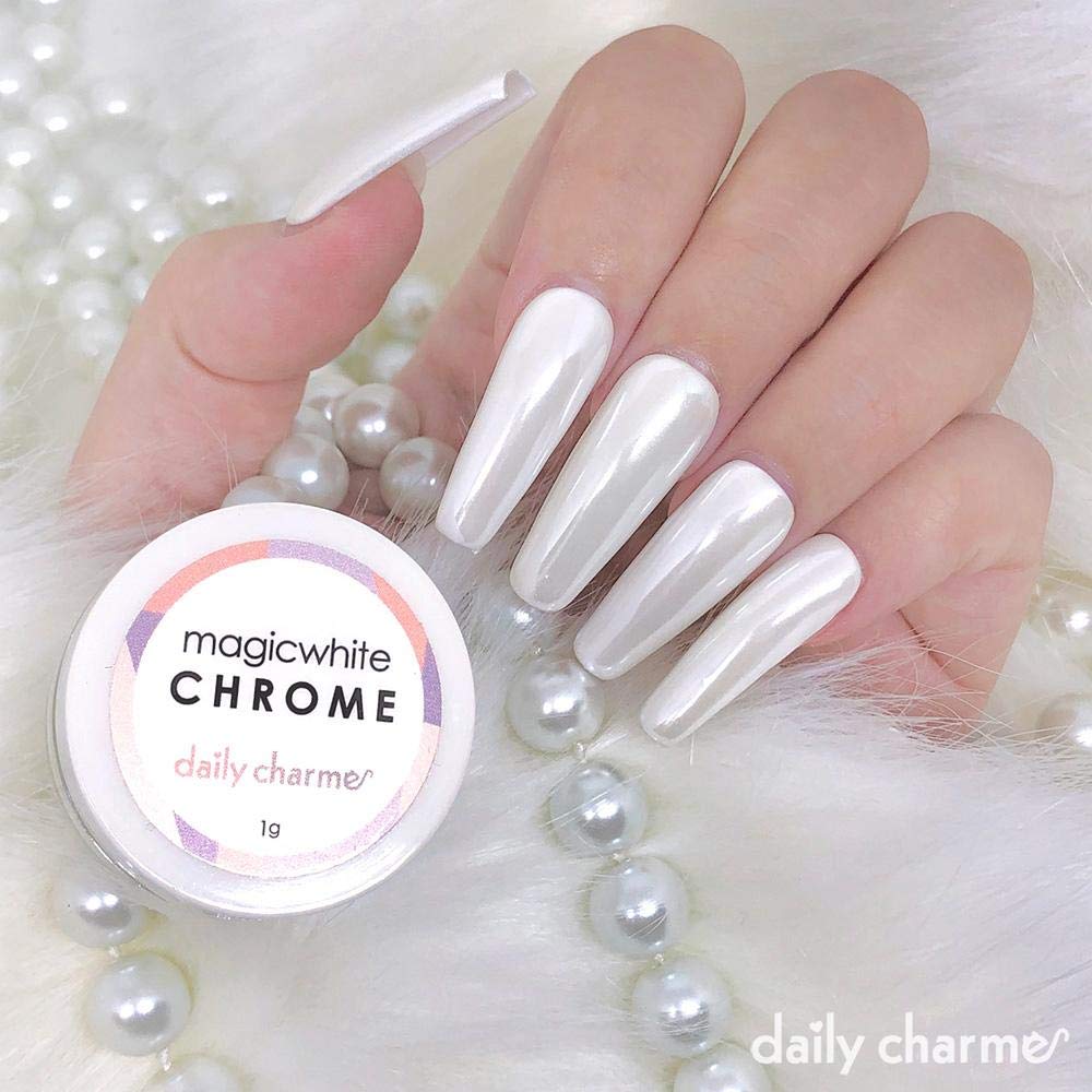 Daily Charme Magic White swatch shows glazed donut white chrome effect on nails