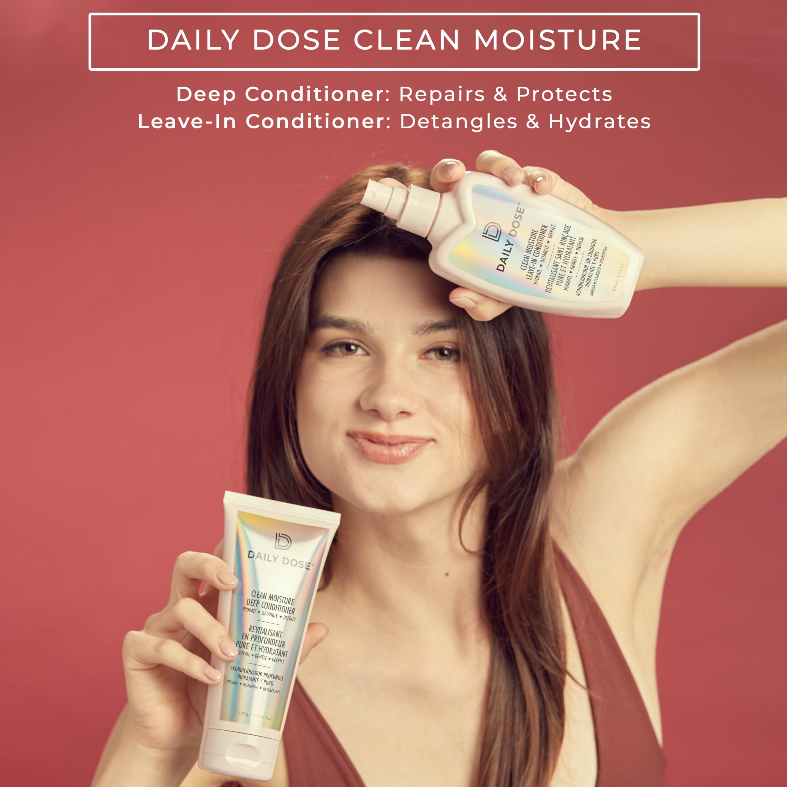 DAILY DOSE detangler application demonstrates smooth brushing and reduced breakage