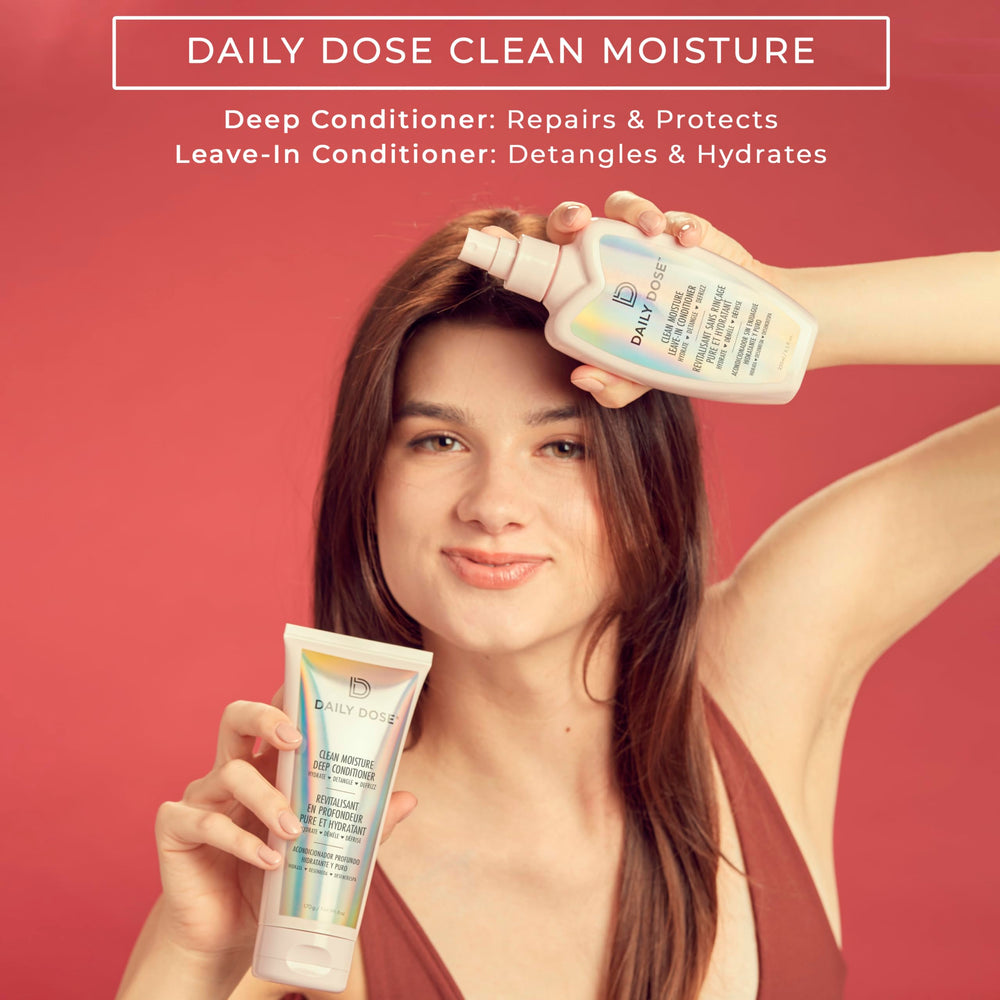 DAILY DOSE detangler application demonstrates smooth brushing and reduced breakage