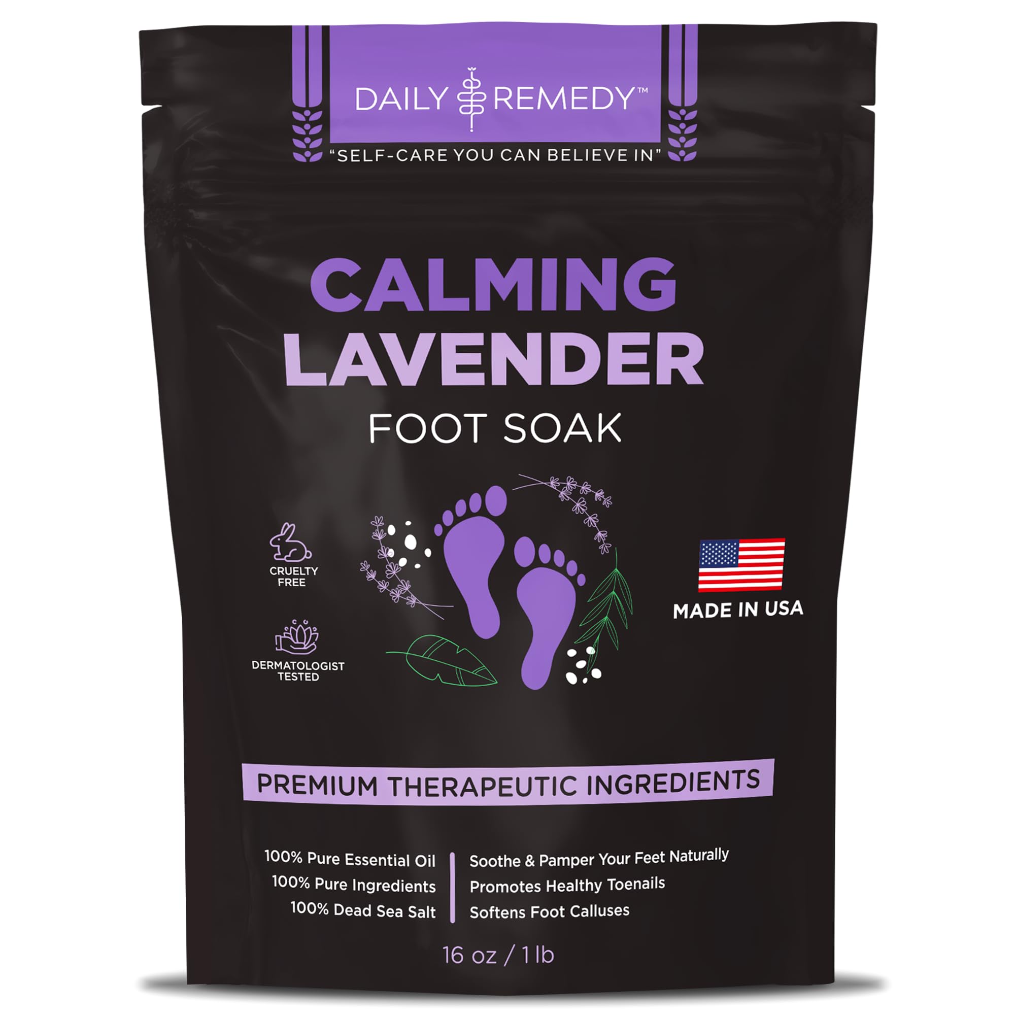 Daily Remedy Calming Lavender Foot Soak bottle close-up for a soothing at-home spa experience.