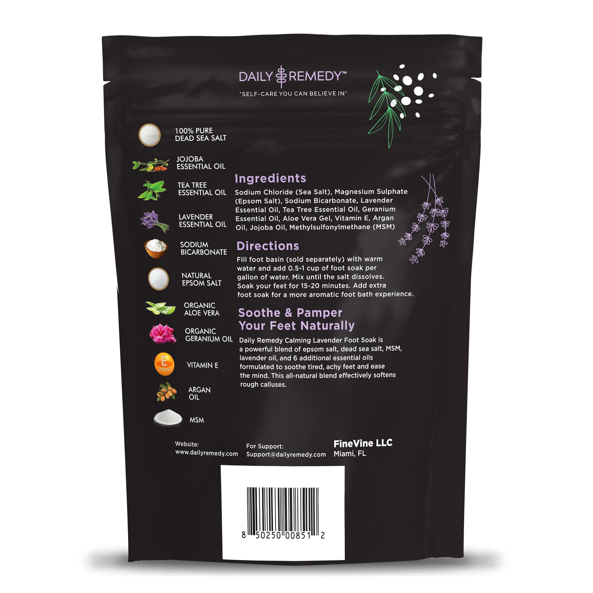 Daily Remedy Calming Lavender Foot Soak bottle being poured for quick, relaxing foot soak.