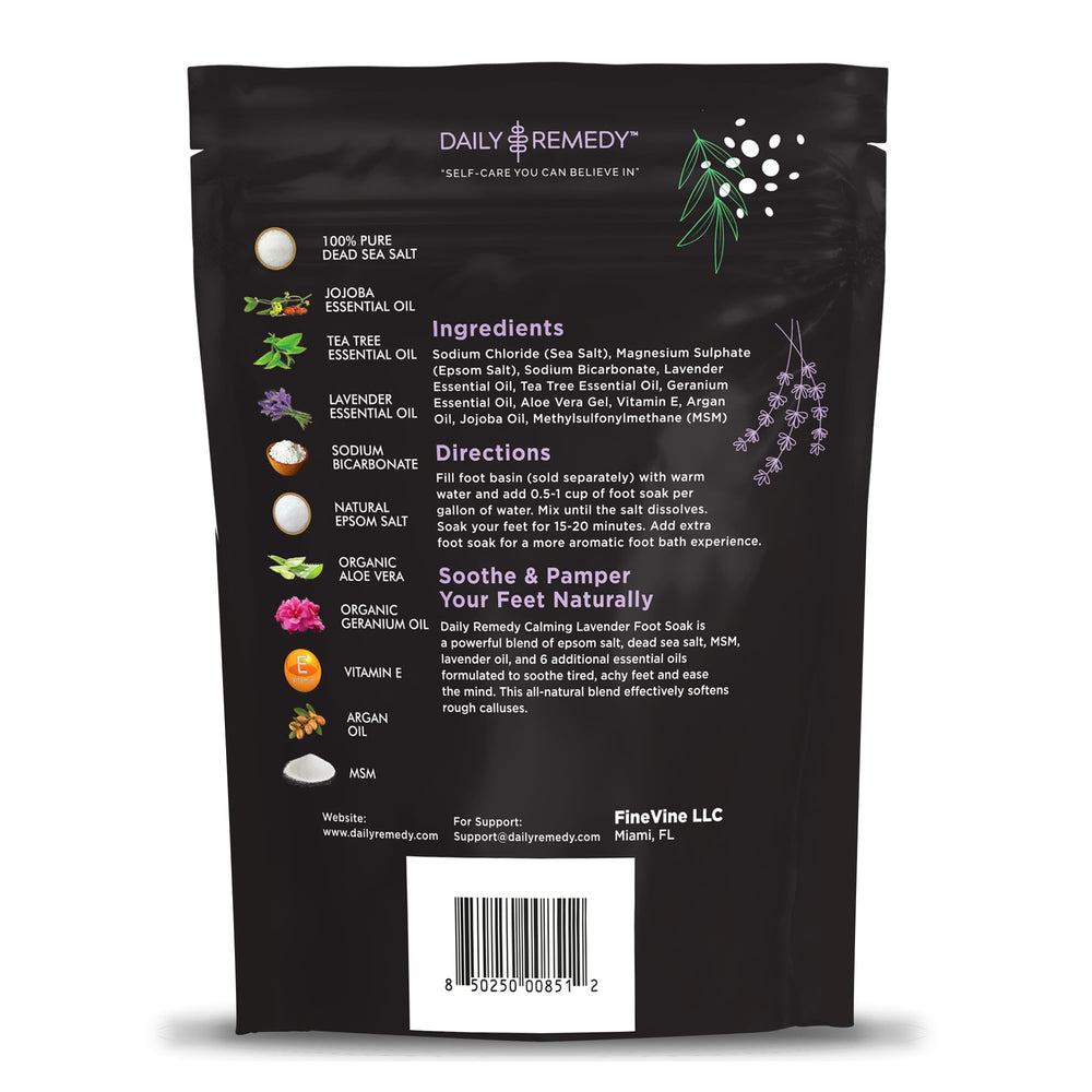 Daily Remedy Calming Lavender Foot Soak bottle being poured for quick, relaxing foot soak.
