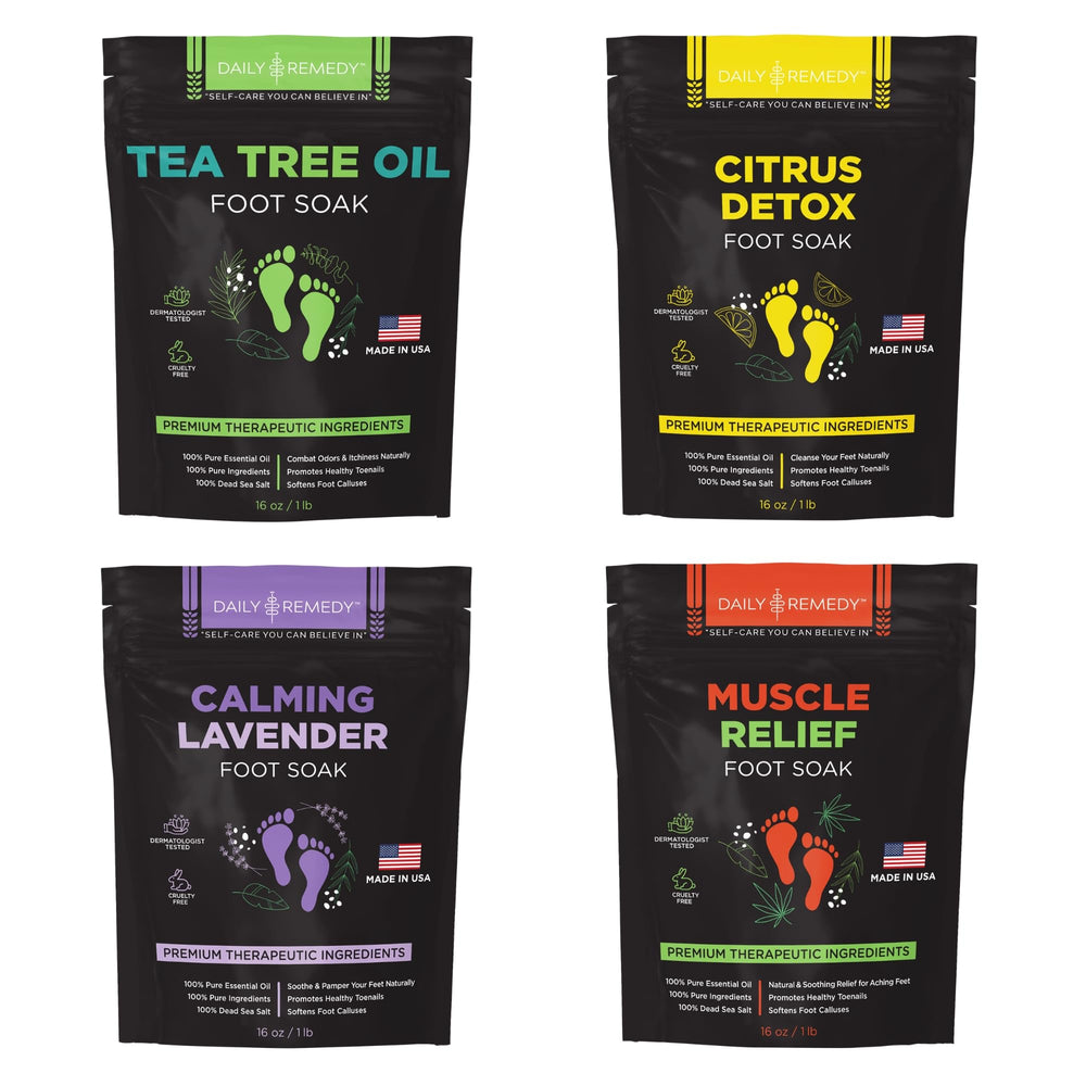 Daily Remedy Foot Soak Salts with tea tree oil focus for refreshed feet.
