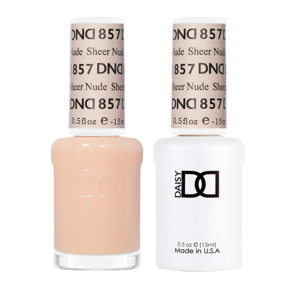 Daisy DND 857 Sheer Nude gel polish bottle close-up showing sheer coverage.
