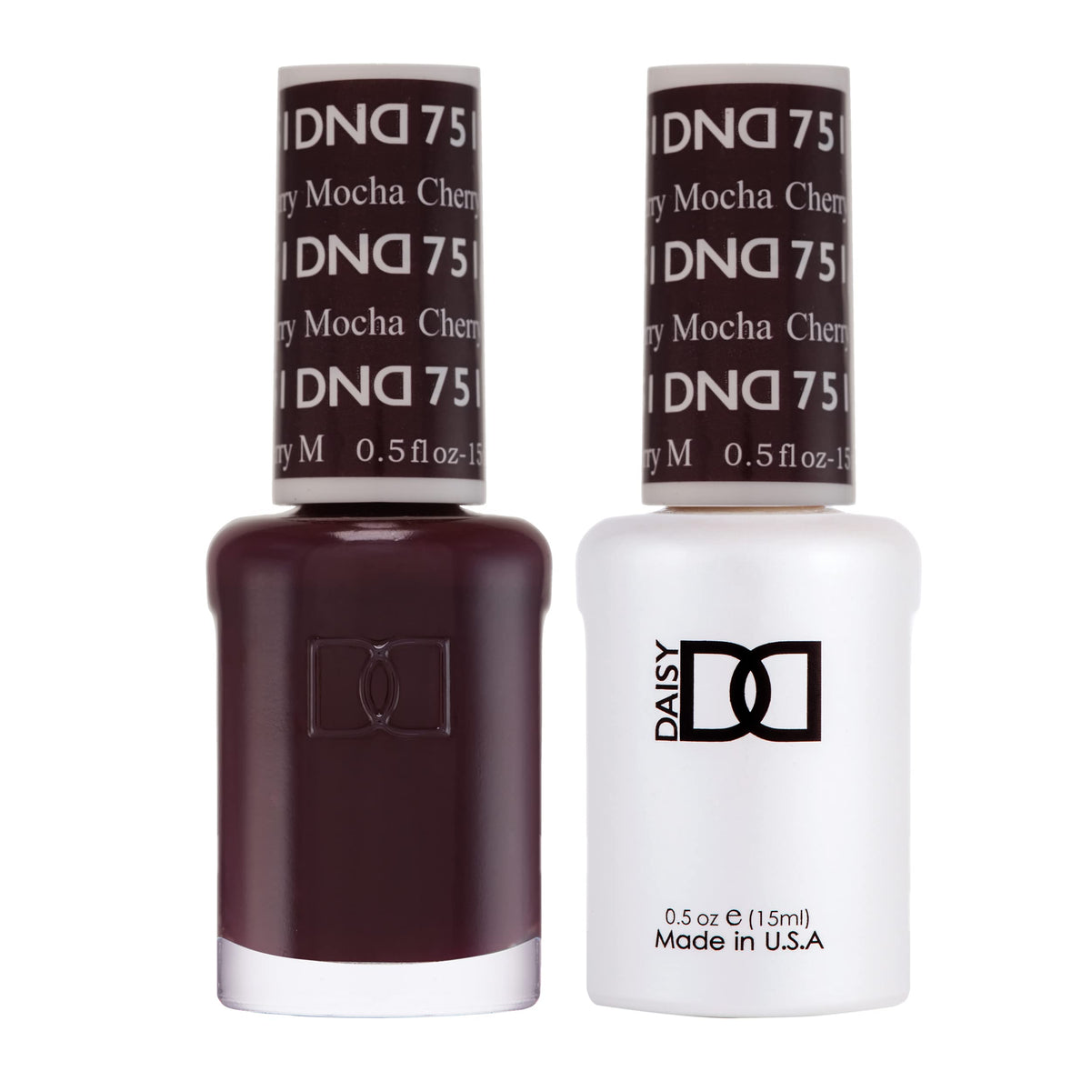 DAISY DND Cherry Mocha gel polish bottle shows rich pigmentation for salon-worthy nails.