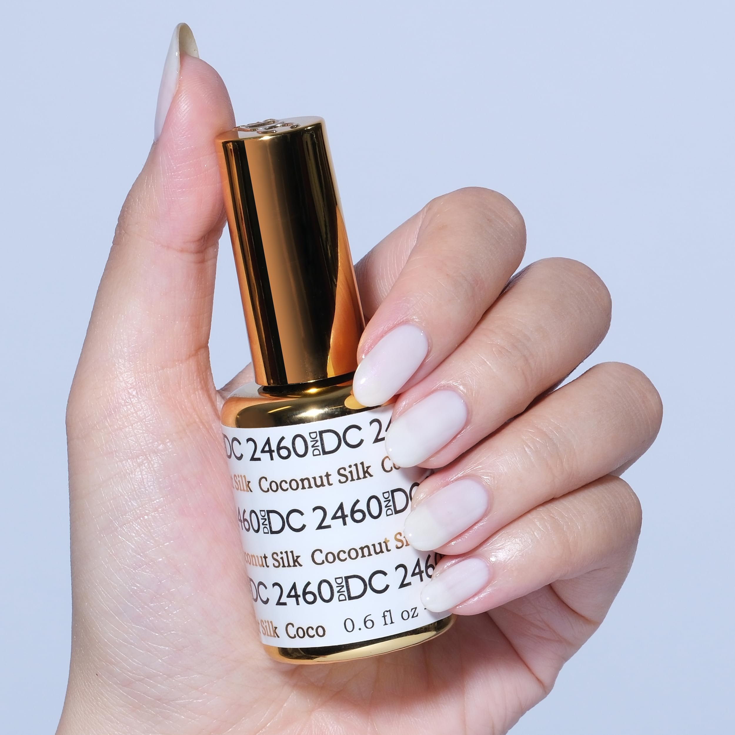 Closeup of Daisy DND DC Coconut Silk gel polish shimmer on natural nails