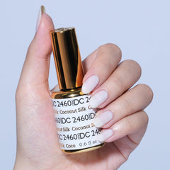 Closeup of Daisy DND DC Coconut Silk gel polish shimmer on natural nails