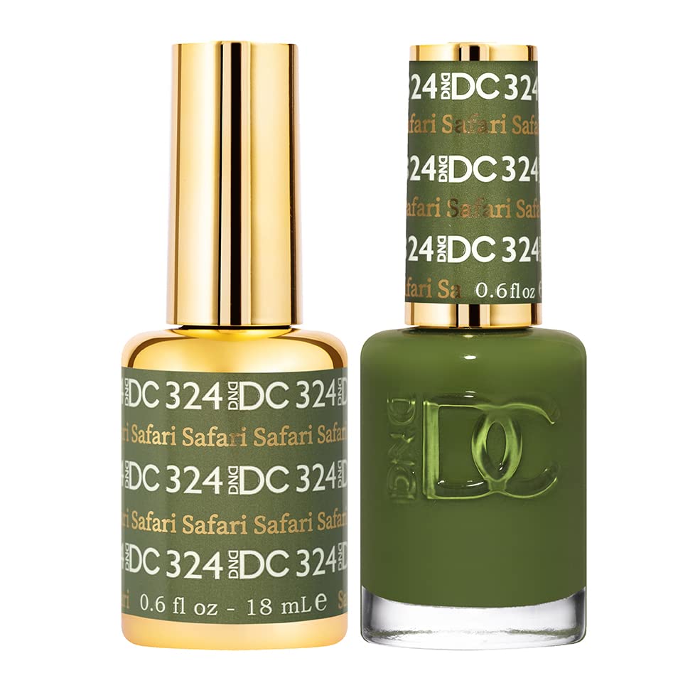 Daisy DND DC Safari 324 gel polish bottle shows bold army green shade for long-lasting color.
