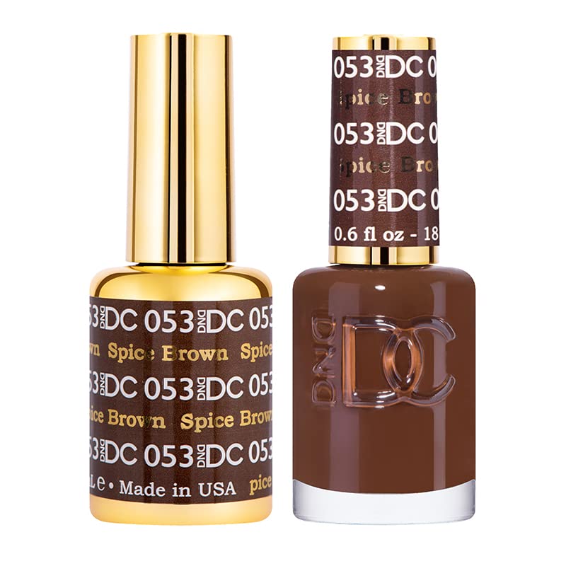 Daisy DND DC spiced brown gel polish bottle shows rich pigment for long-lasting color.