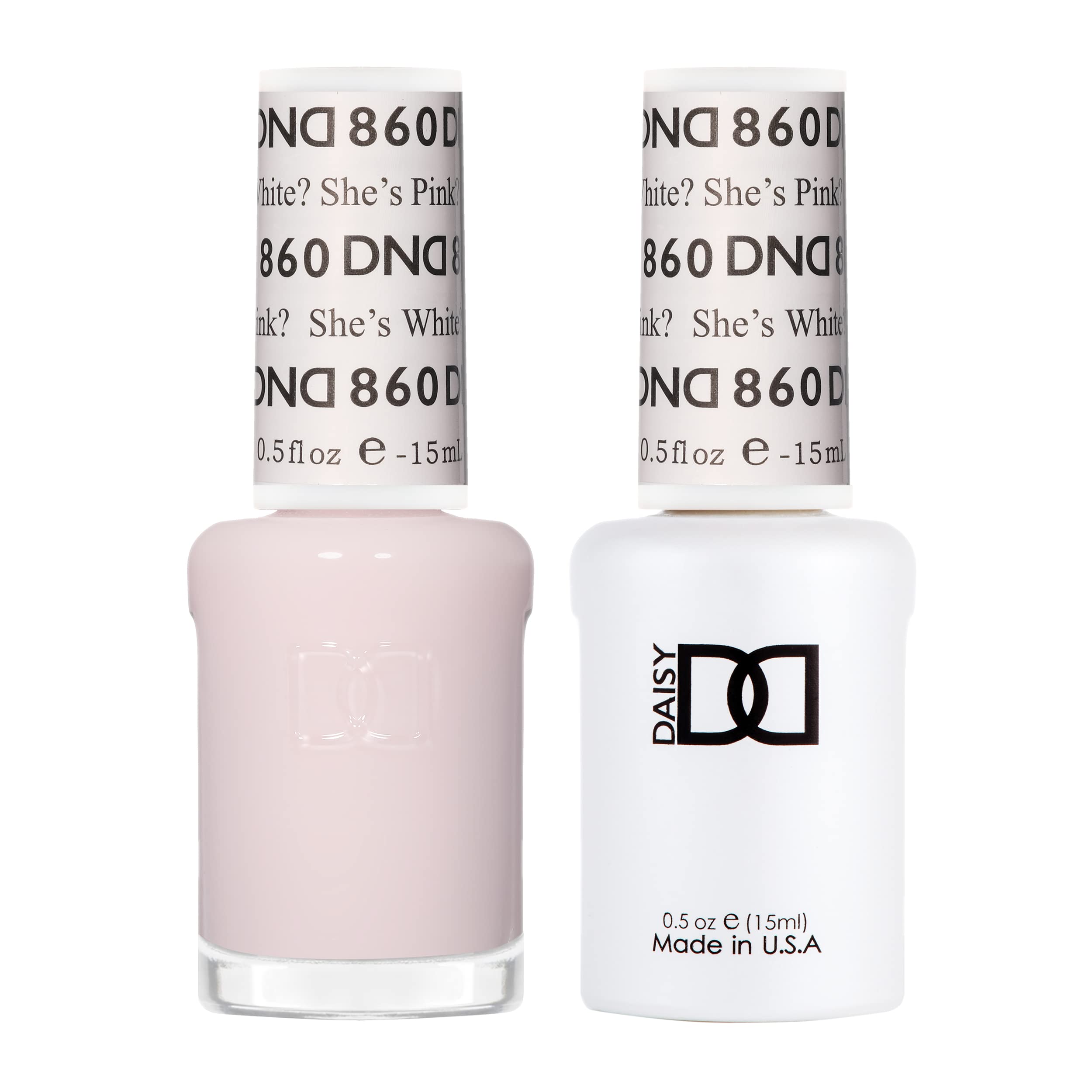 Daisy DND gel polish bottle She’s White? She’s Pink? for versatile sheer color with long wear.