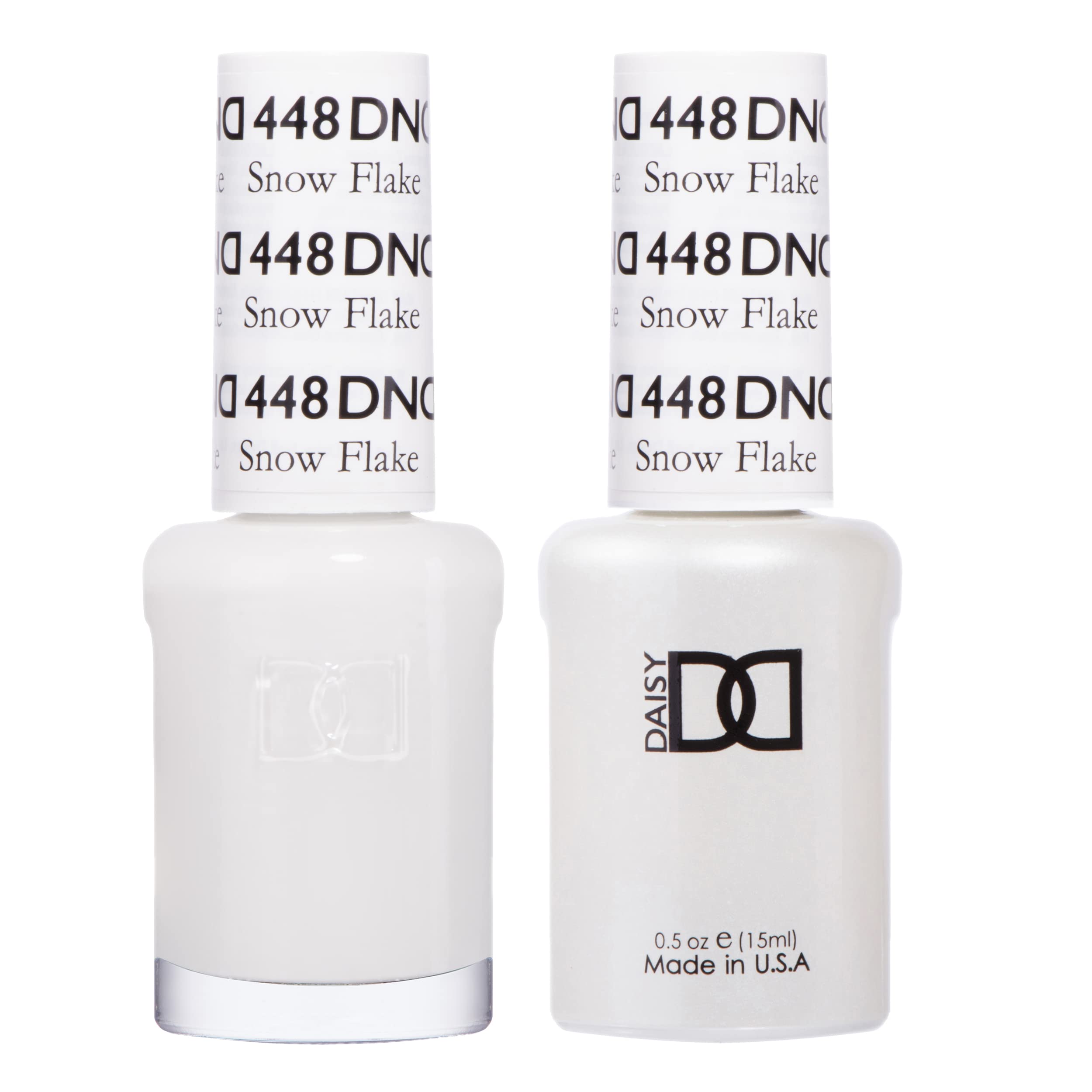 DAISY DND Snow Flake 448 gel polish bottle shows creamy white shade for salon-quality nails.