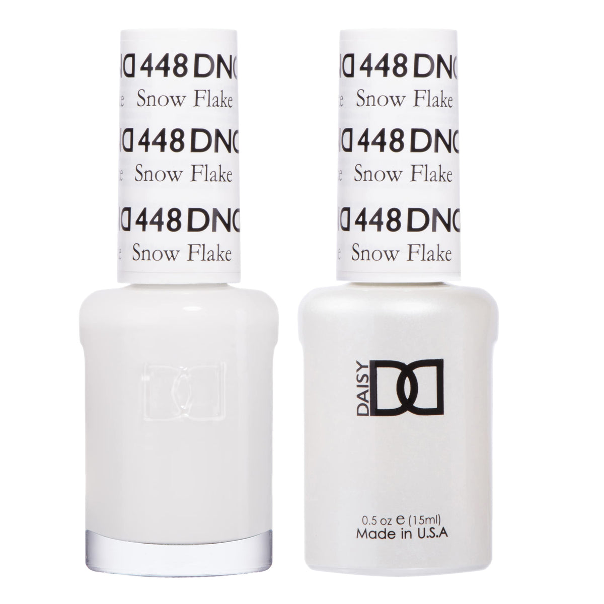 DAISY DND Snow Flake 448 gel polish bottle shows creamy white shade for salon-quality nails.
