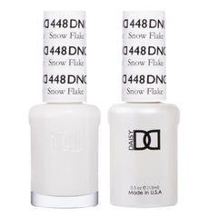DAISY DND Snow Flake 448 gel polish bottle shows creamy white shade for salon-quality nails.