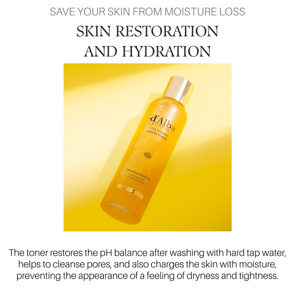 d'alba Piedmont White Truffle Vita Toning Serum packaging closeup conveys premium skincare.