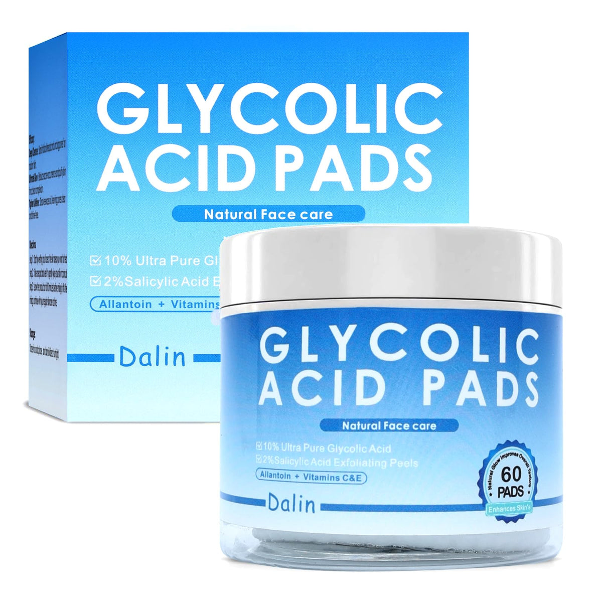 Dalin Glycolic Pads bottle closeup, highlighting exfoliation for smoother skin.