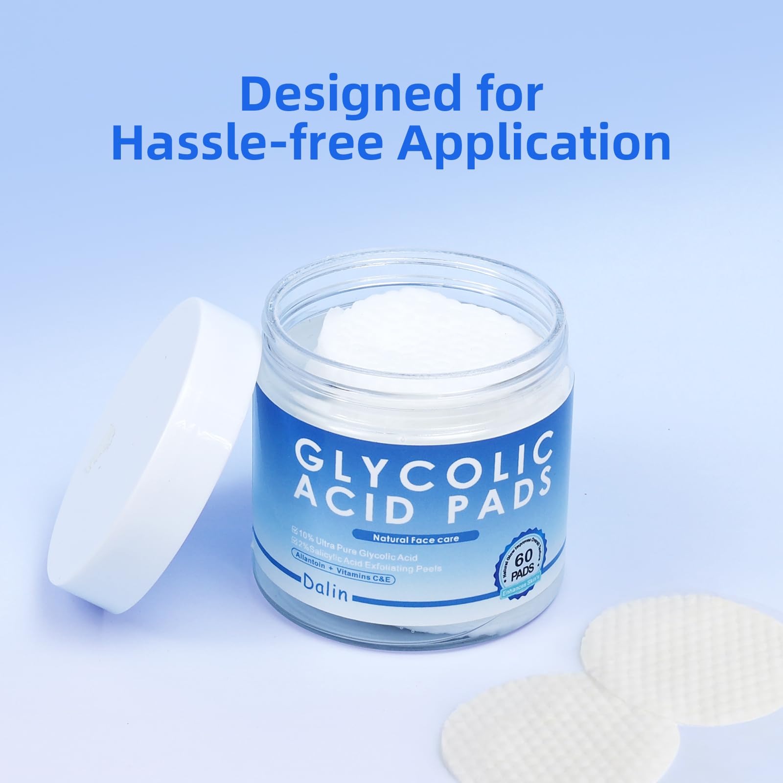 Dalin Glycolic Pads label close-up, featuring active acids for exfoliation.