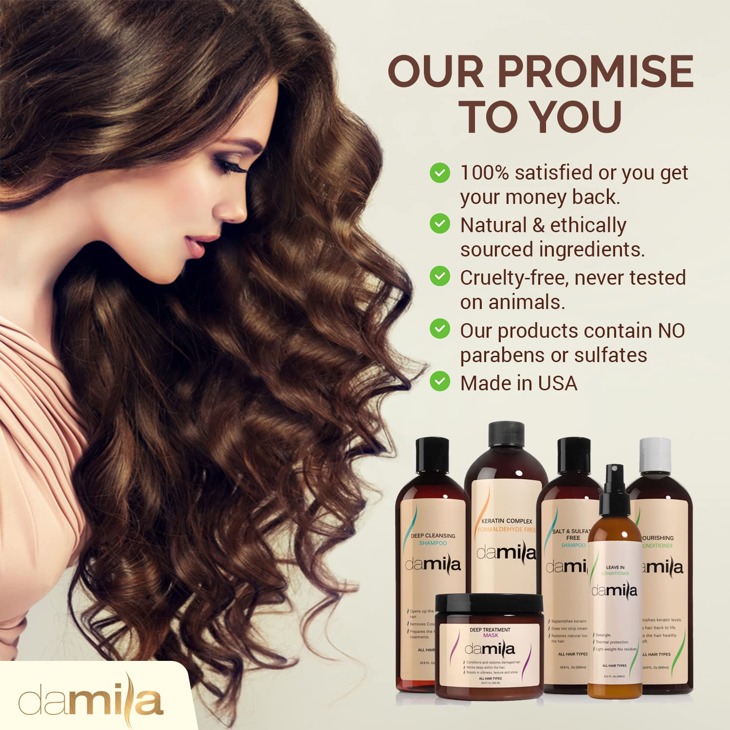 Damila bathroom counter shot suggests daily use for color and keratin treated hair.