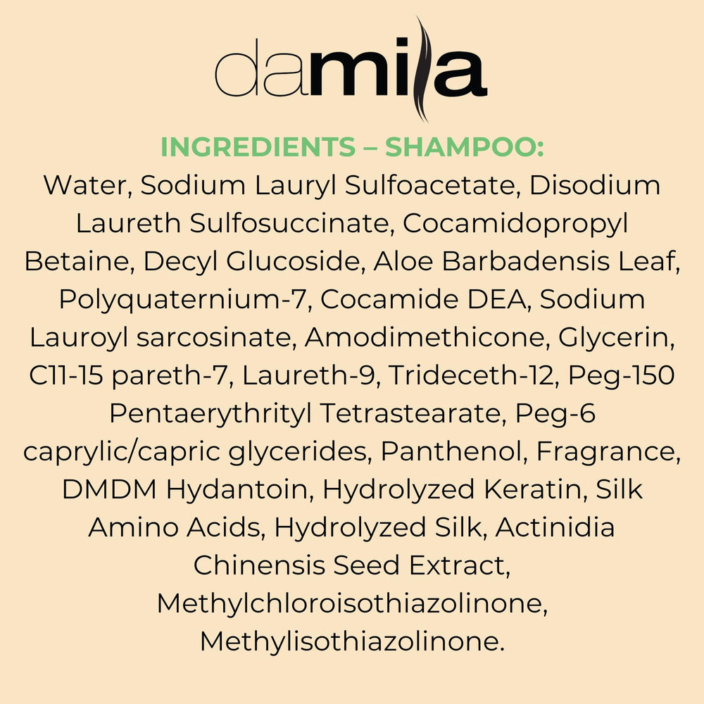Damila bottle label natural botanicals communicates soothing scent and gentle cleanse.