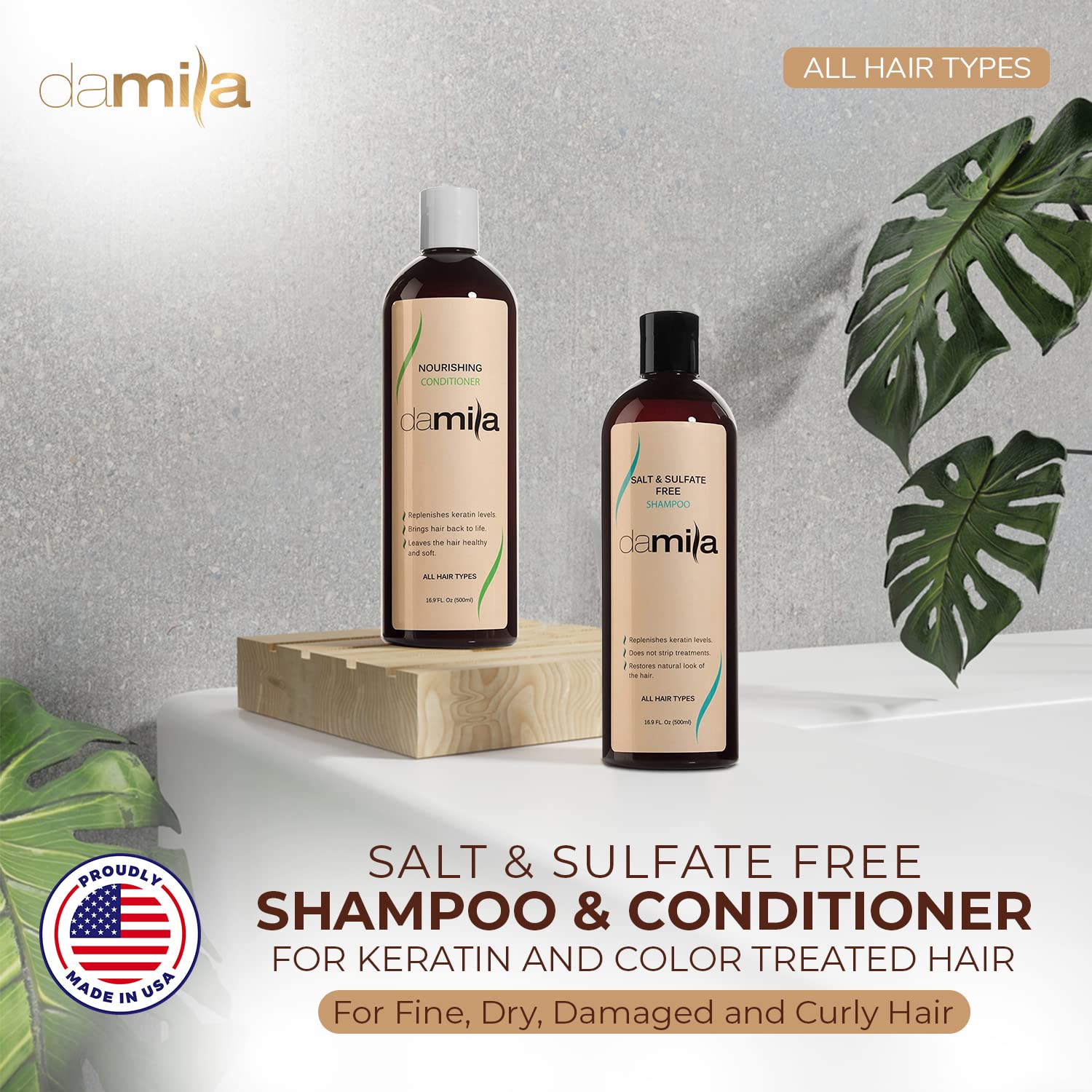 Damila conditioner bottle pump demonstrates color-safe hydration for damaged hair.