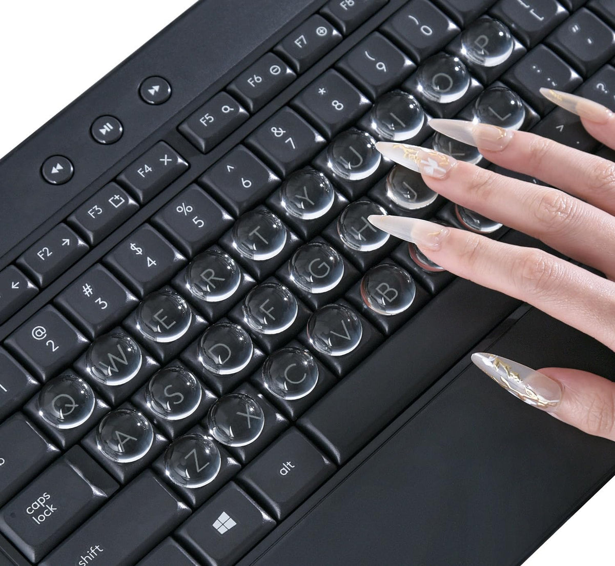 DAMMOMKO clear glass keyboard stickers closeup showing transparent key legends
