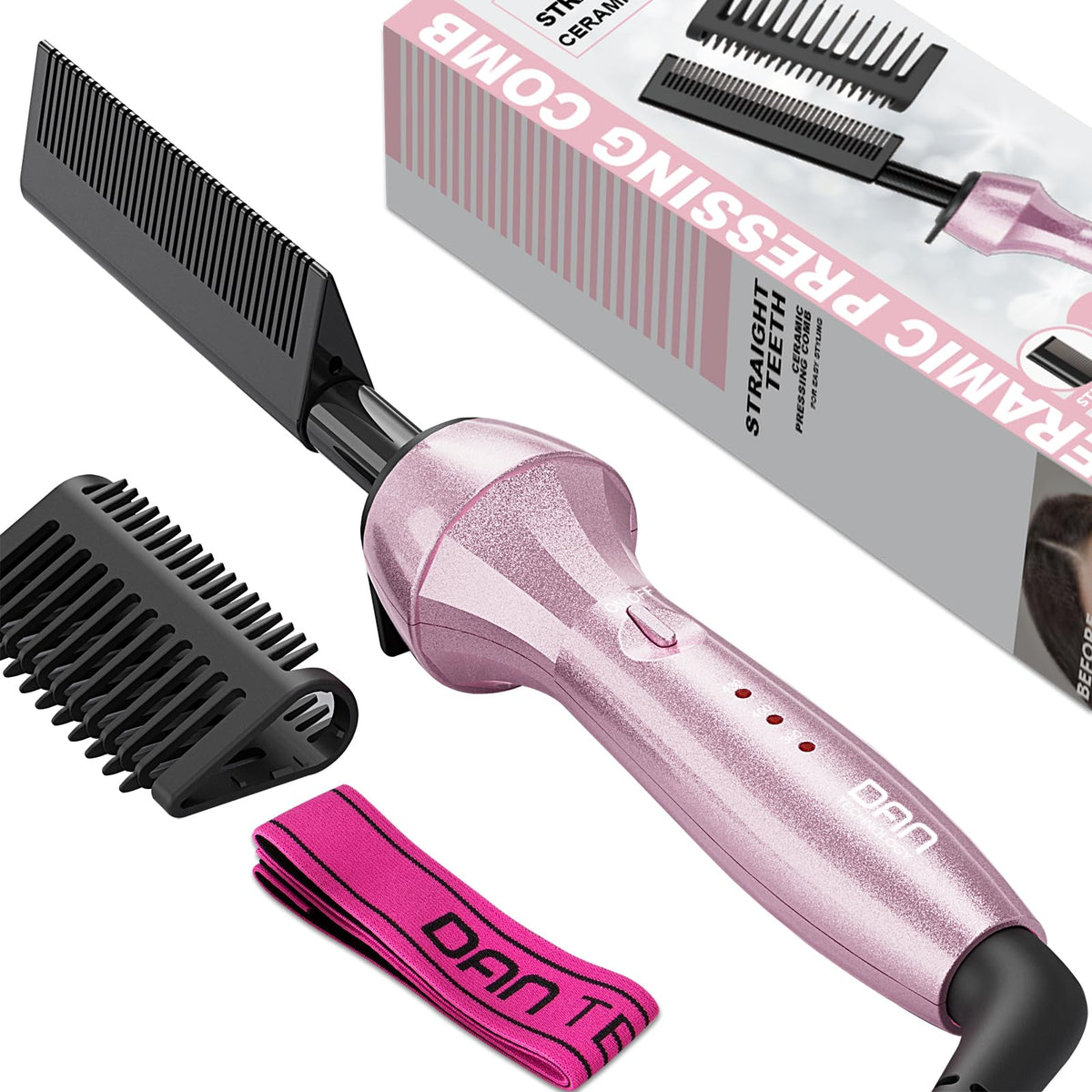 DAN Technology hot comb pink closeup showing smooth glide for quick styling.
